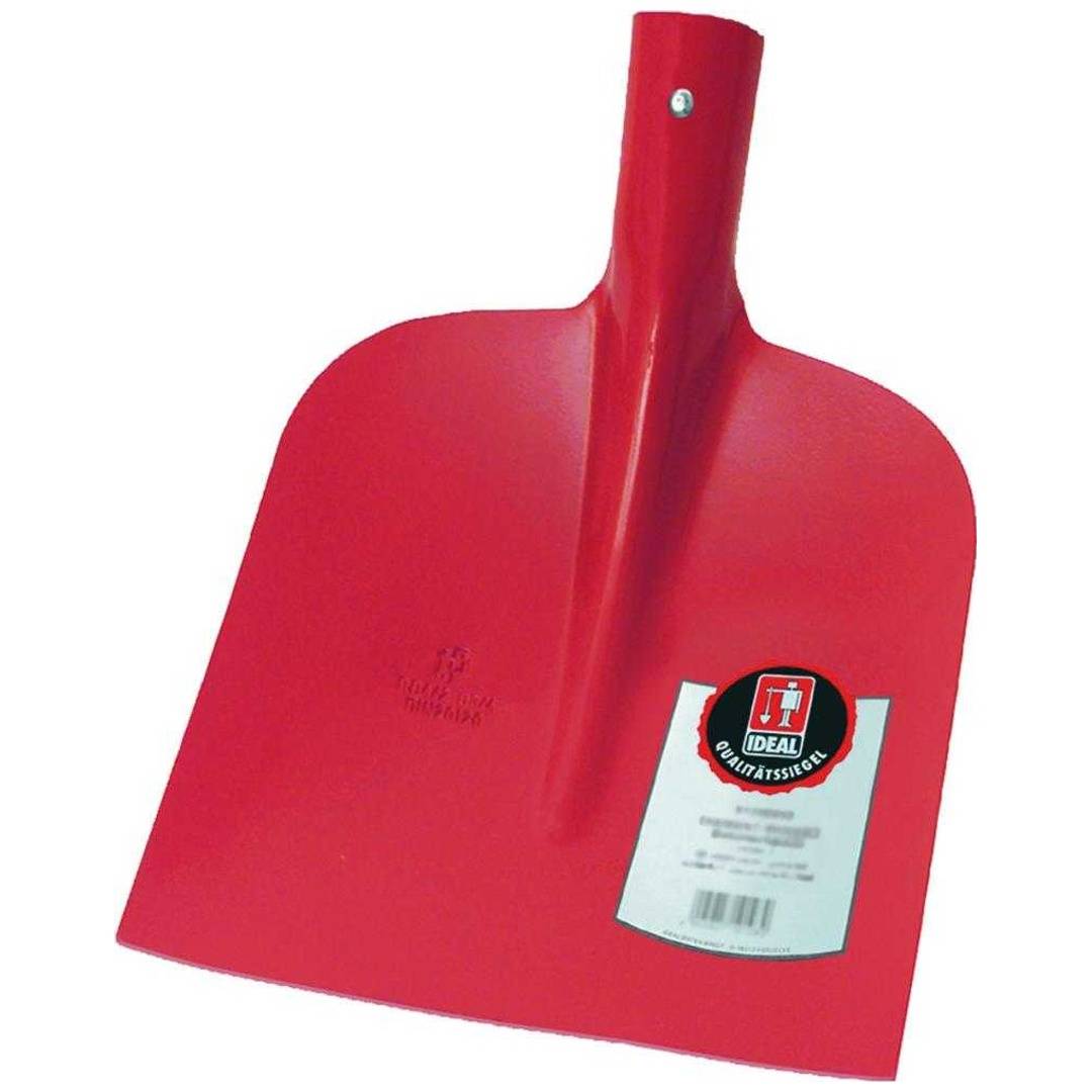 Roter Schneeschaufel mit Metallgriff und Produktetikett auf dem Blatt, vor weißem Hintergrund gezeigt.