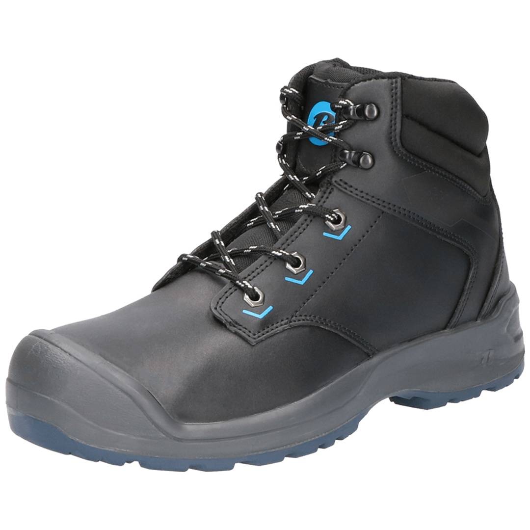 Schwarzer hochschaftiger Arbeitsstiefel mit Schnürsenkeln und dicker grauer Sohle, in Profilansicht vor weißem Hintergrund dargestellt.
