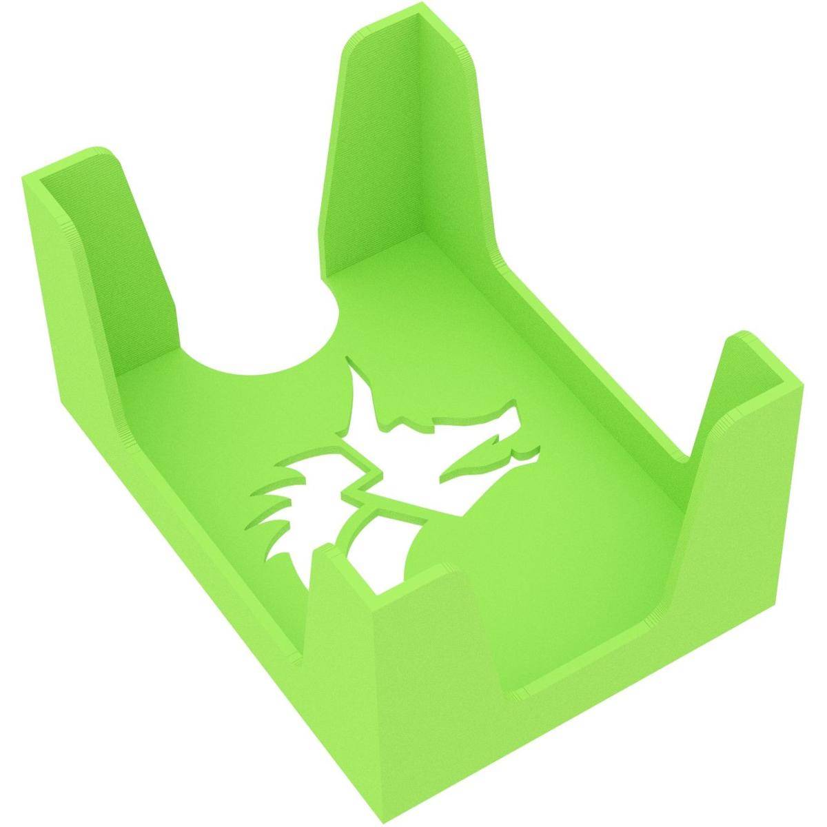 Hellgrüne 3D-Kunststoffhalterung oder -halter mit erhöhten Seitenwänden und einem ausgestanzten Wappensymbol in der Basis, gezeigt auf weißem Hintergrund.