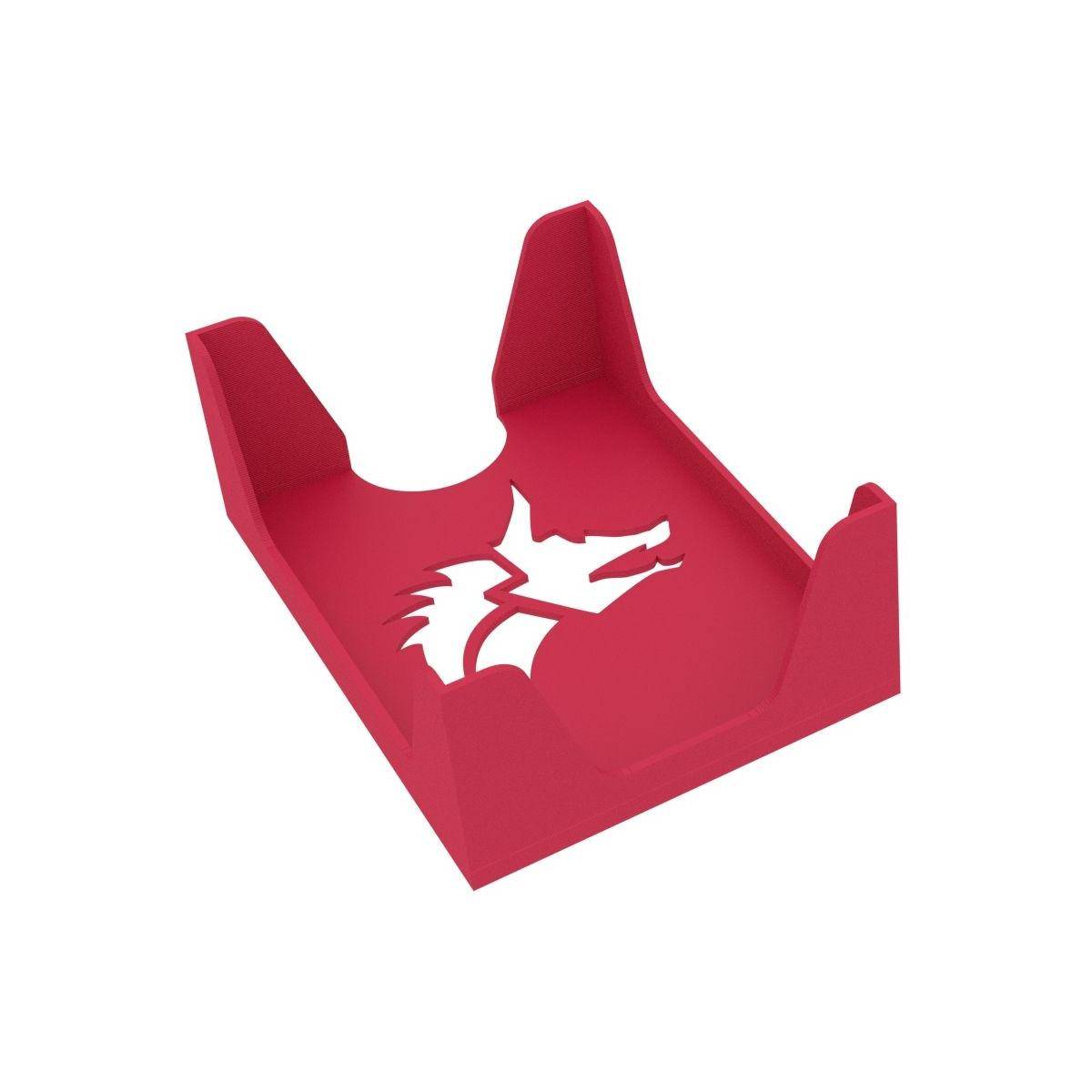Rotes Kunststoff-Tablett oder Halter mit ausgestanztem Drachen-Logo in der Mitte, dargestellt auf weißem Hintergrund.