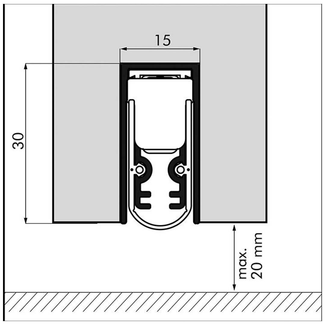 Querschnittsdiagramm einer Türunterdichtung in einer Bodenfuge, mit 15 mm Breite, 30 mm Höhe, mit max. 20 mm Abstand zum Boden gekennzeichnet.