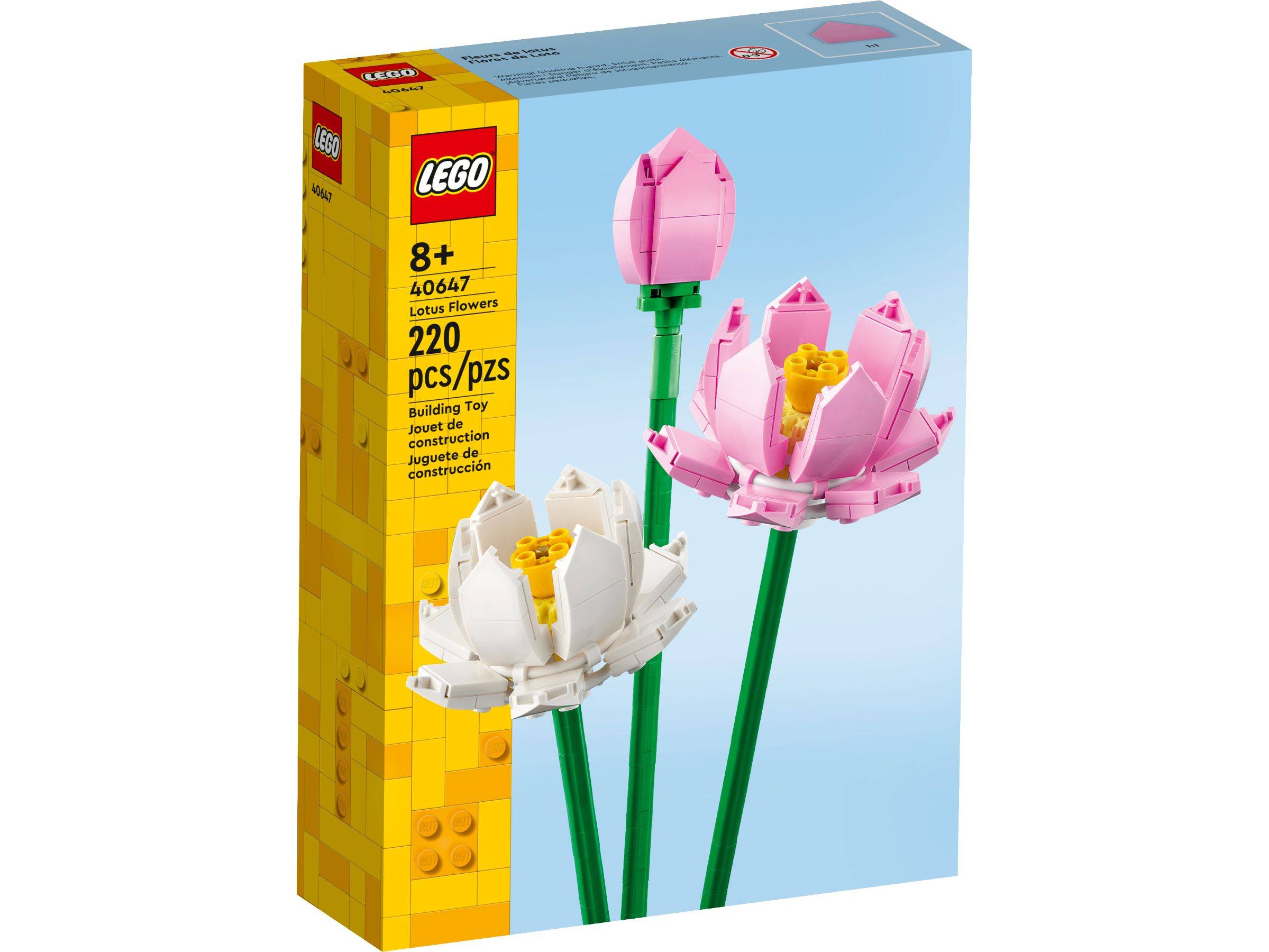 LEGO Lotusblüten Bauset Box mit drei Lotusblütenstämmen: zwei rosa Blüten und eine weiße Blüte, 220 Teile, ab 8 Jahren