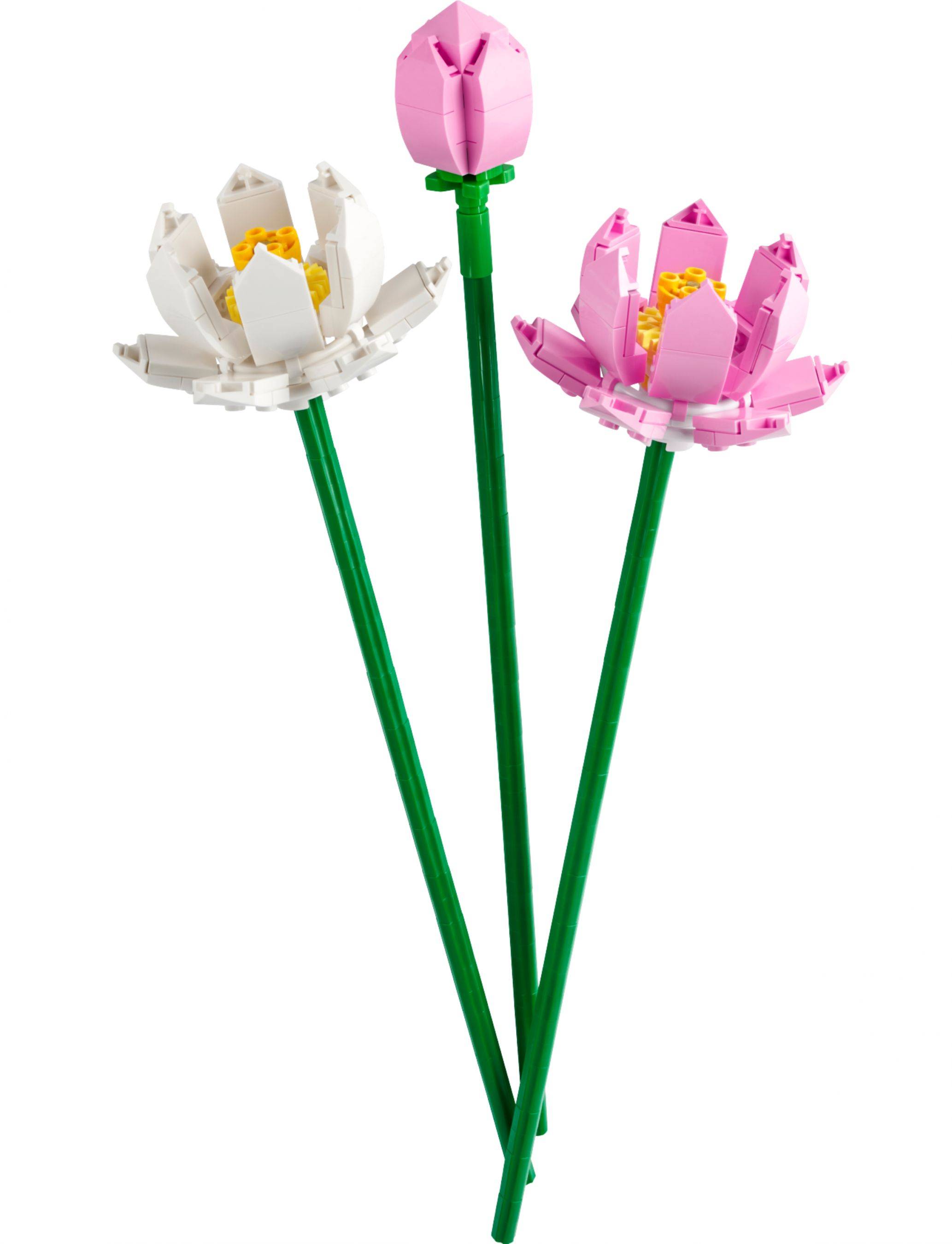 Drei LEGO-ähnliche Lotusblüten auf grünen Stielen, zwei rosa und eine weiße, vor einem einfachen weißen Hintergrund.