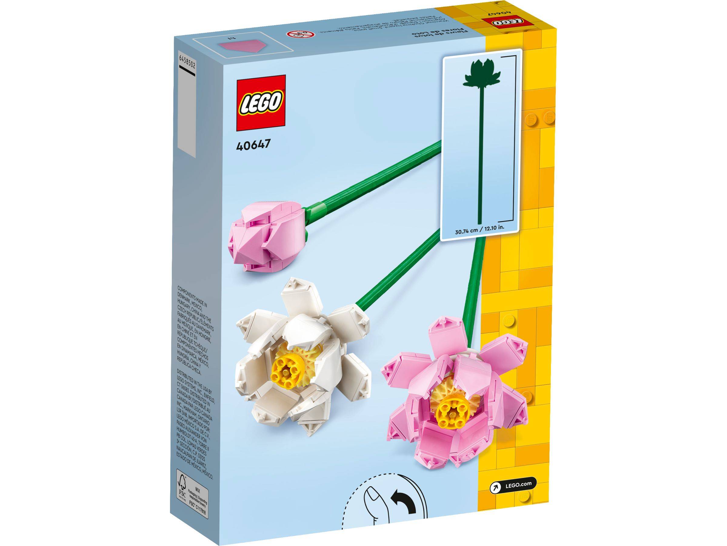 LEGO-Kartonbox mit Abbildung von zwei baubaren Blumen, eine weiß und eine rosa, mit grünen Stielen und Produktnummer 40647.