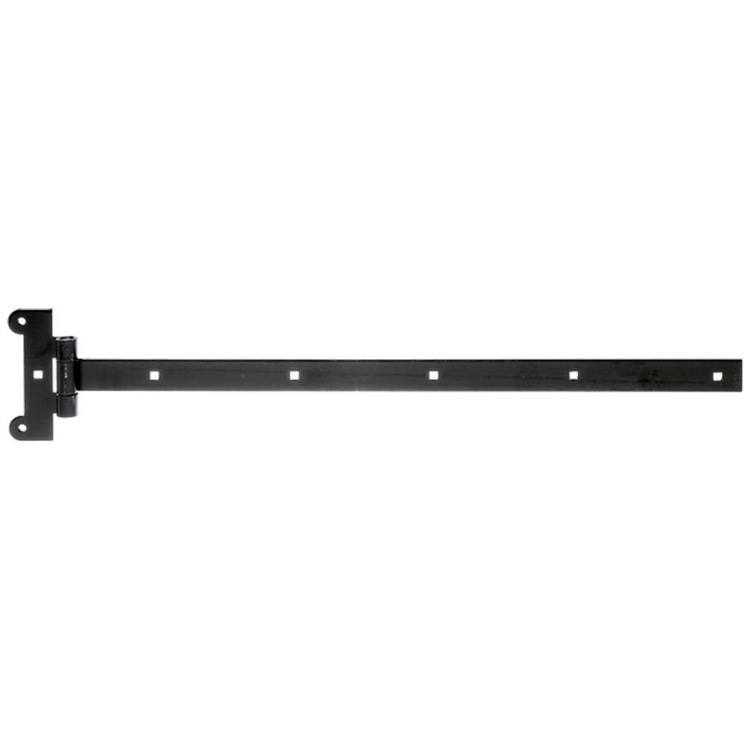 Schwarzes Metallscharnierband mit langem perforiertem Arm und Montageplatte auf weißem Hintergrund.