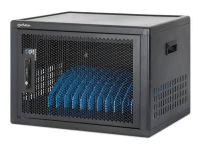 Schwarzes Metall-Server-/Netzwerk-Ausrüstungsgehäuse mit perforierter Frontür und sichtbaren blauen Kabelschleifen im Inneren.