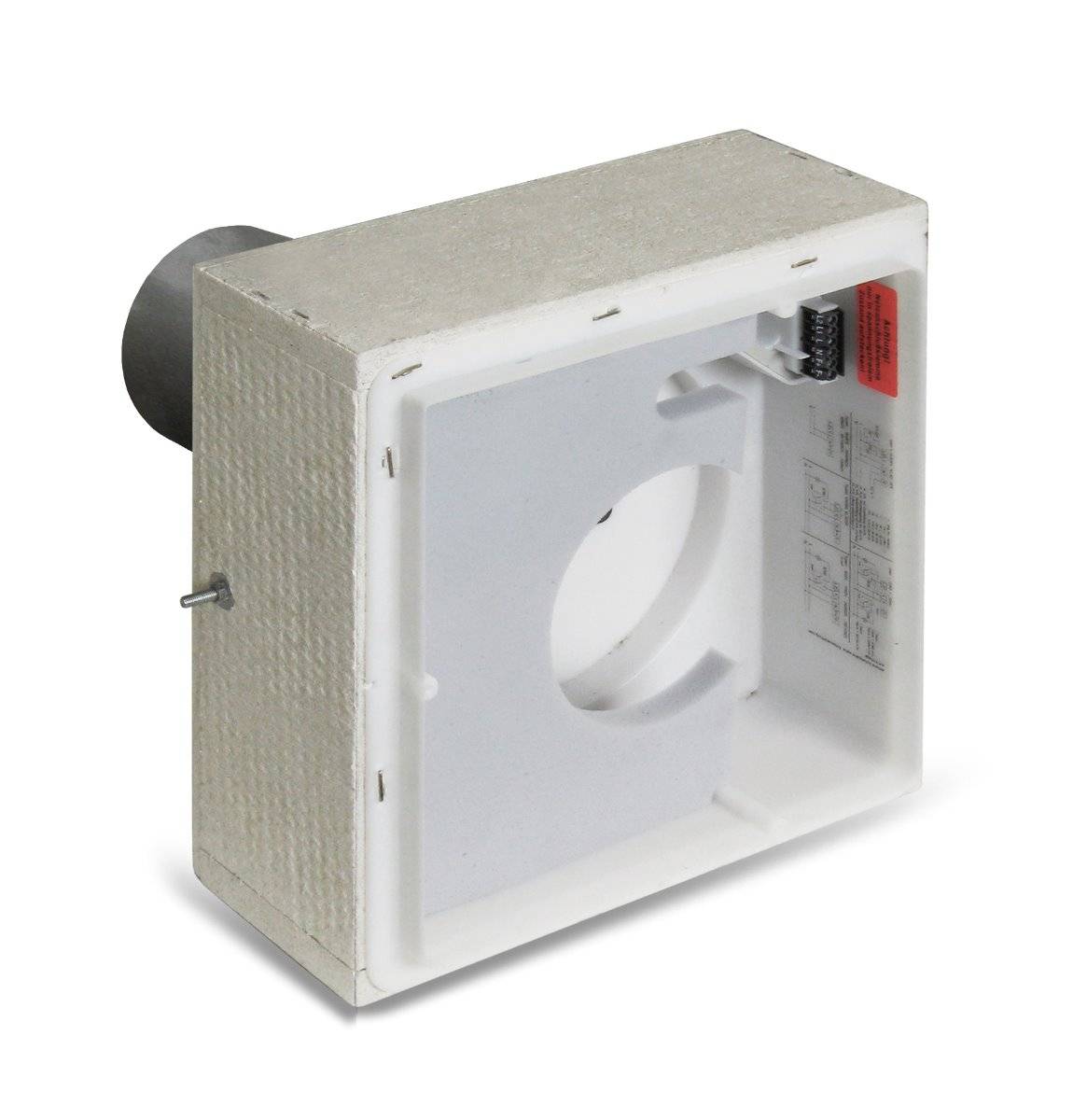 Quadratisches Lüftungsgehäuse mit Inline-Ventilator, kreisförmiger Kanalöffnung und seitlich montiertem Motor, dargestellt auf weißem Hintergrund.