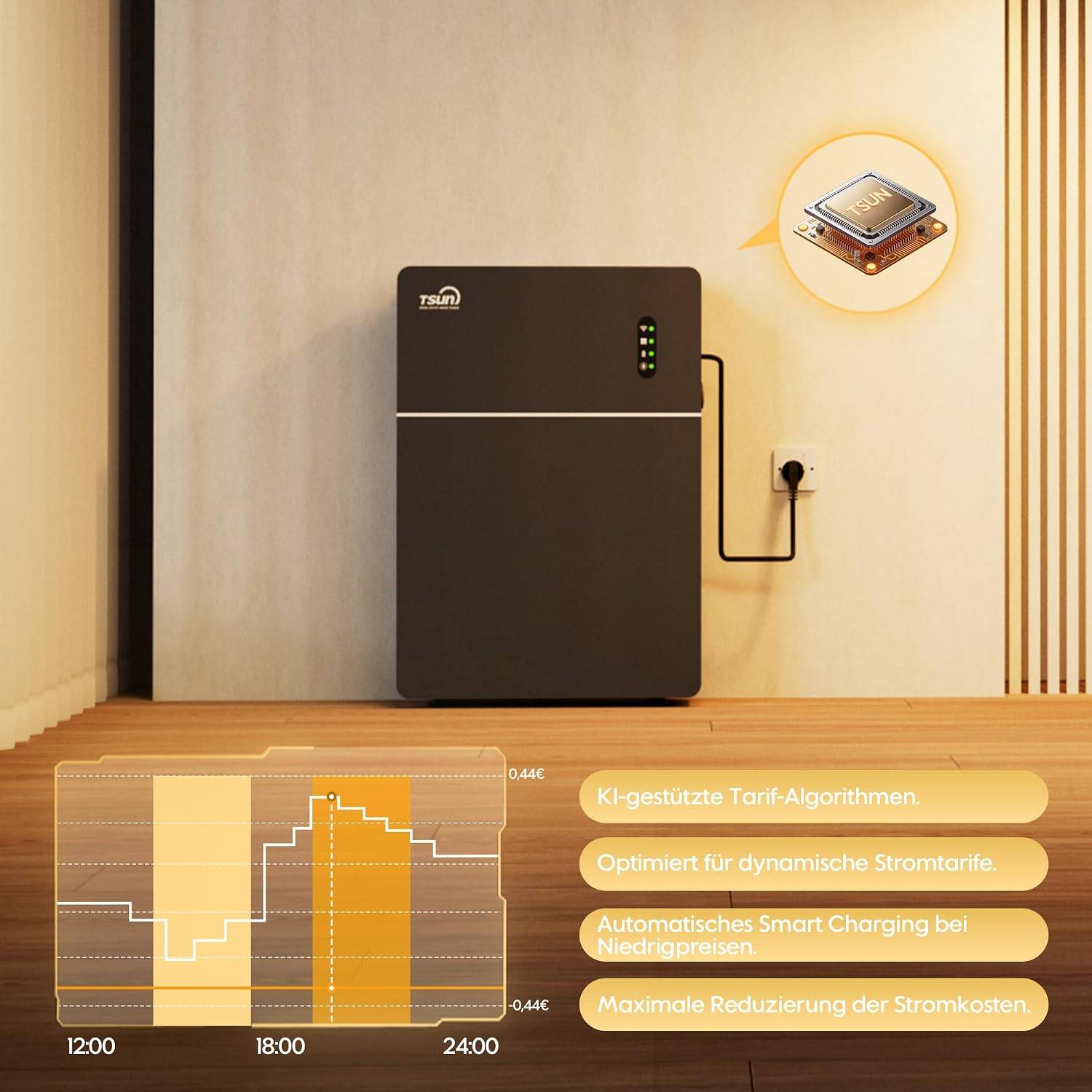 # Hausbatterieeinheit mit Stecker-Symbol und deutschen Beschriftungen zur Förderung der KI-gestützten Tarifoptimierung und intelligenten Ladetechnologie zur Senkung der Stromkosten.