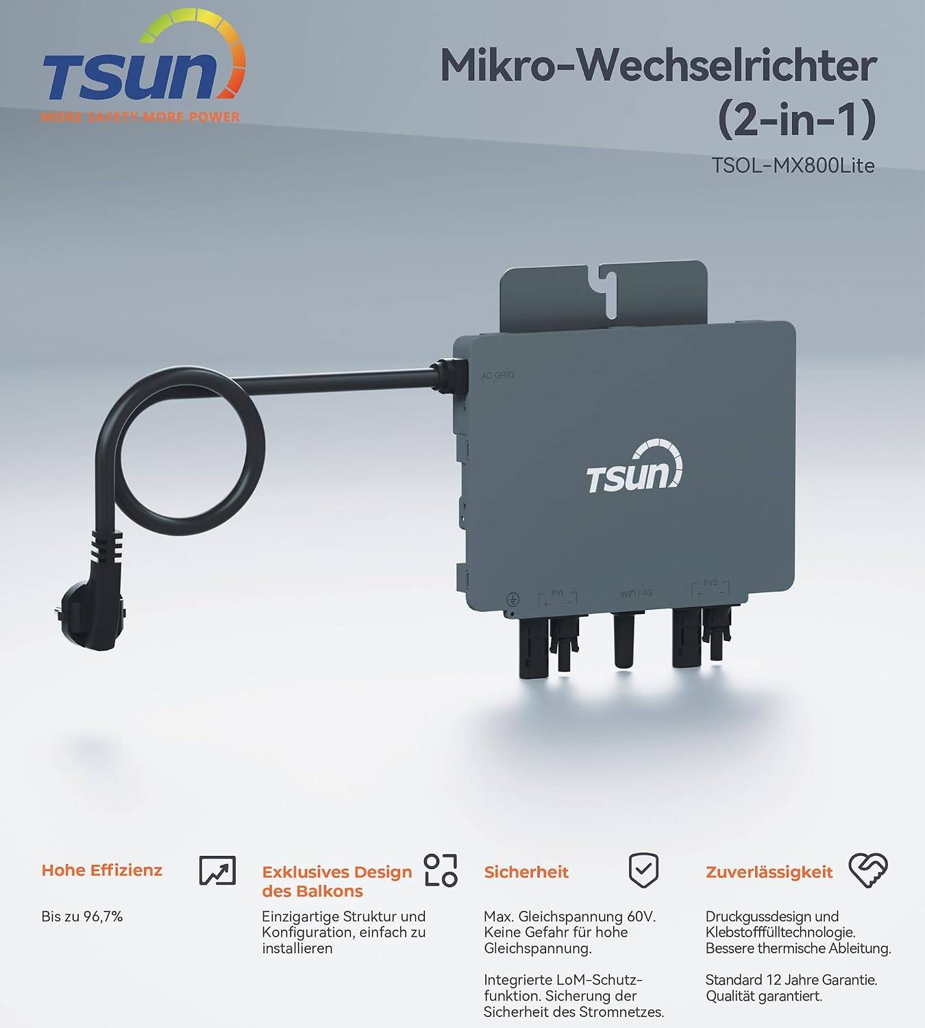 TSUN TSOL-MX800Lite Mikro-Wechselrichter 800W 2 MPPT für Balkonkraftwerk IP67