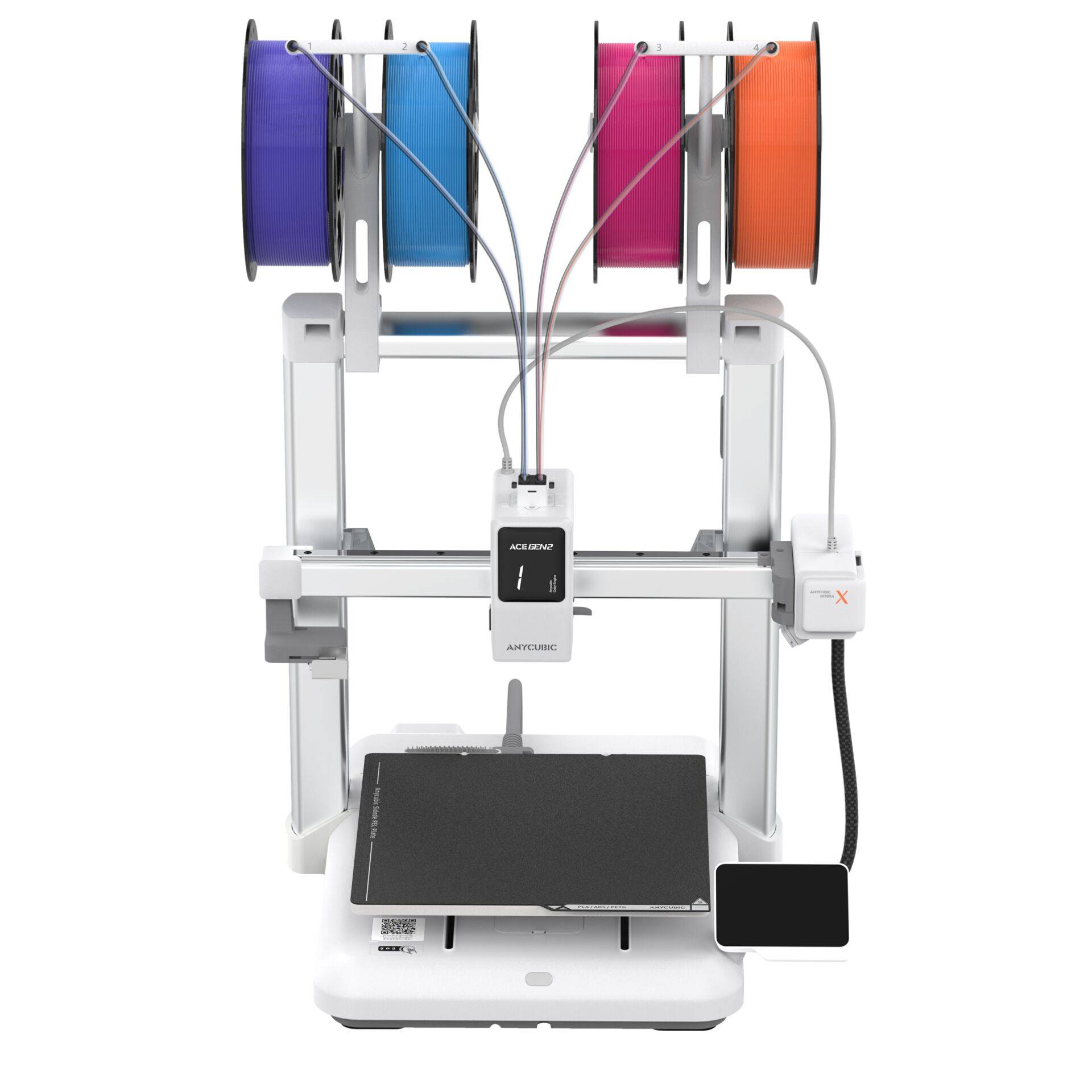 Multi-Material-3D-Drucker mit vier Filamentspulen, die oben montiert sind, und einer Bauplattform darunter, die das Dual-Extrusionssystem des Druckers zeigt.