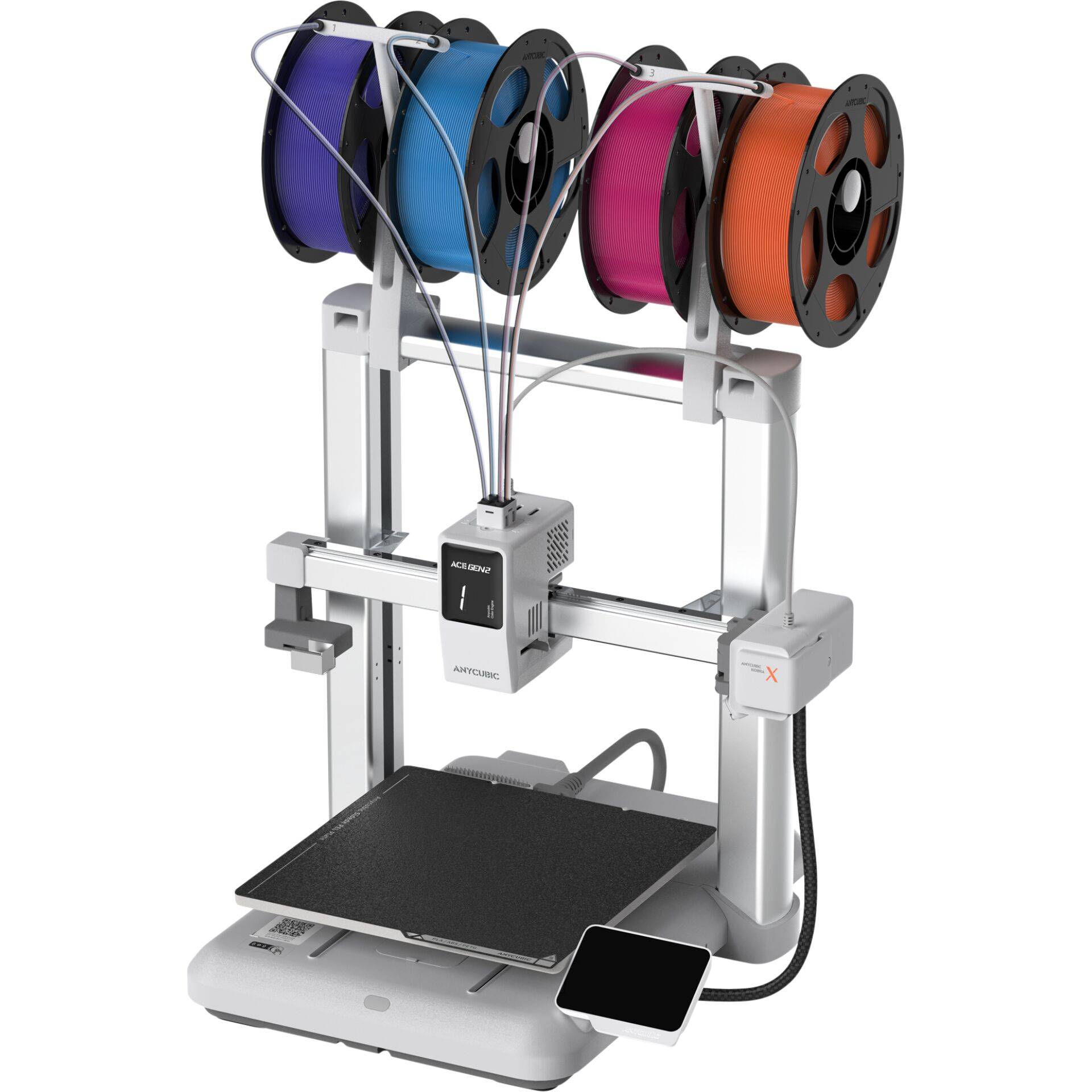 Mehrfaden-3D-Drucker mit vier Spulen, die über dem Druckkopf angebracht sind, und einer Bauplattform darunter, dargestellt mit einem Telefon neben dem Sockel.