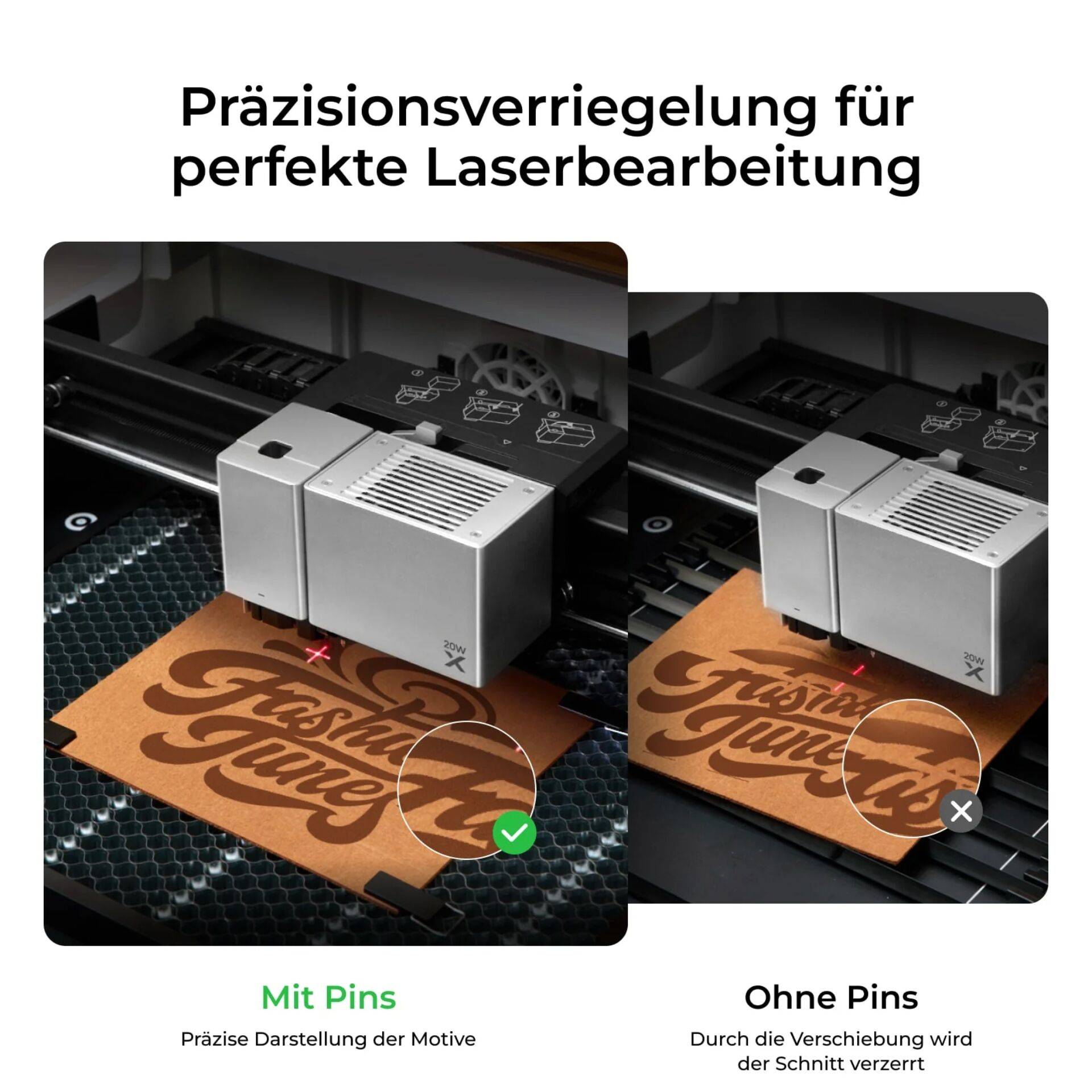 Vergleich der Lasergravur nebeneinander: „Mit Stiften