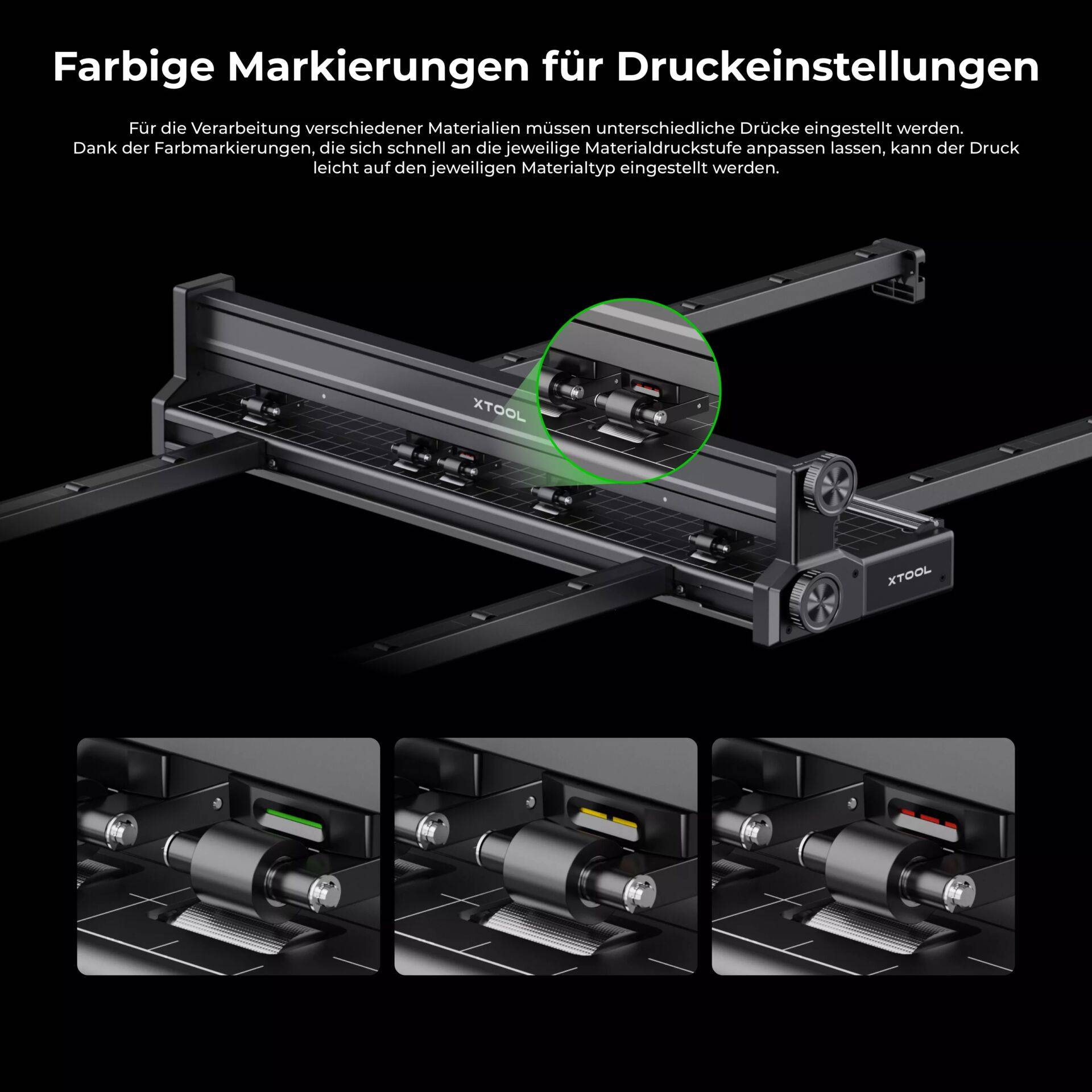 XTOOL Lasergraviermaschine mit farbcodierten Markierungen am Kopf für Materialeinstellungen; drei Nahaufnahmen zeigen grüne, gelbe und rote Indikatorporositionen.