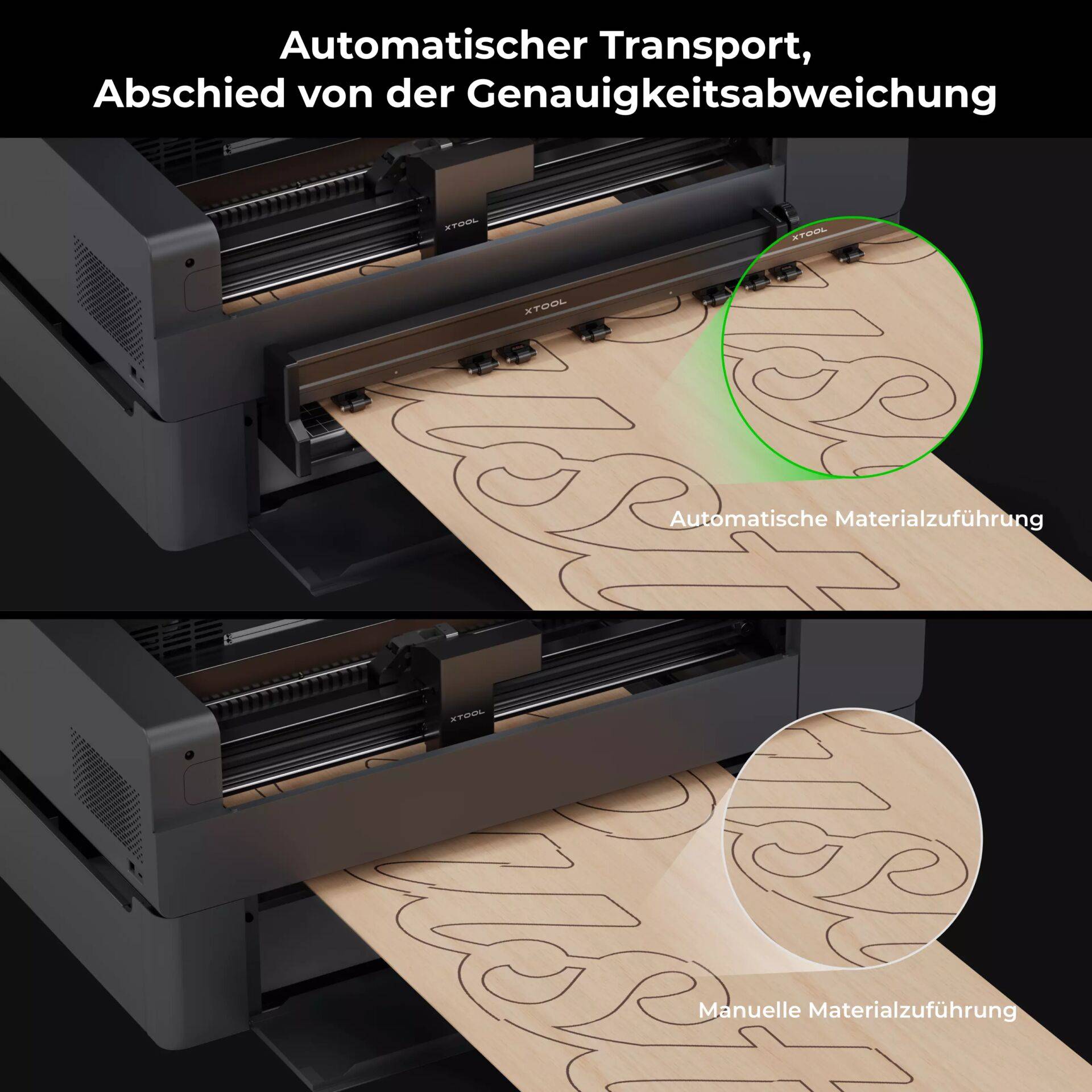 Nebeneinander Vergleich von Druckerschneidmaterial: Automatischer Vorschub hält die Ausrichtung genau, während manueller Vorschub Fehlausrichtung zeigt.