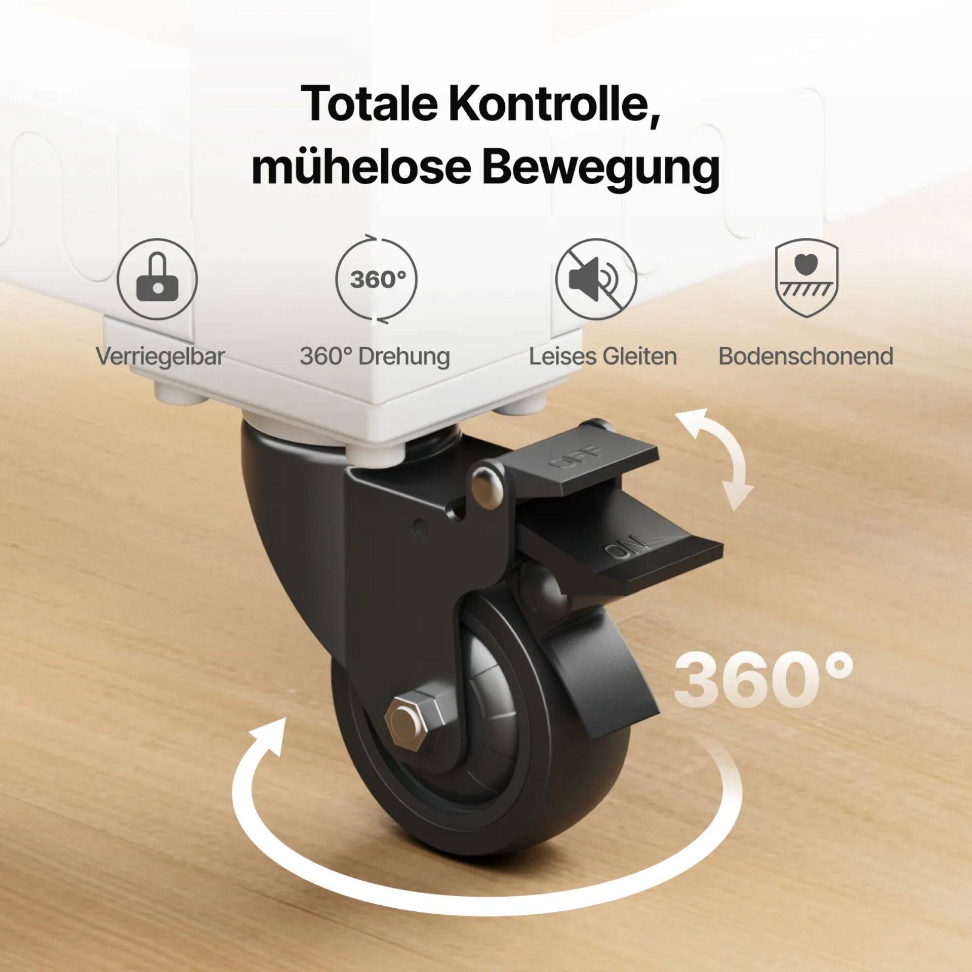Werbeimage eines arretierbaren Drehlenkers unter Möbeln, beschriftet auf Deutsch mit „Totale Kontrolle, mühelose Bewegung