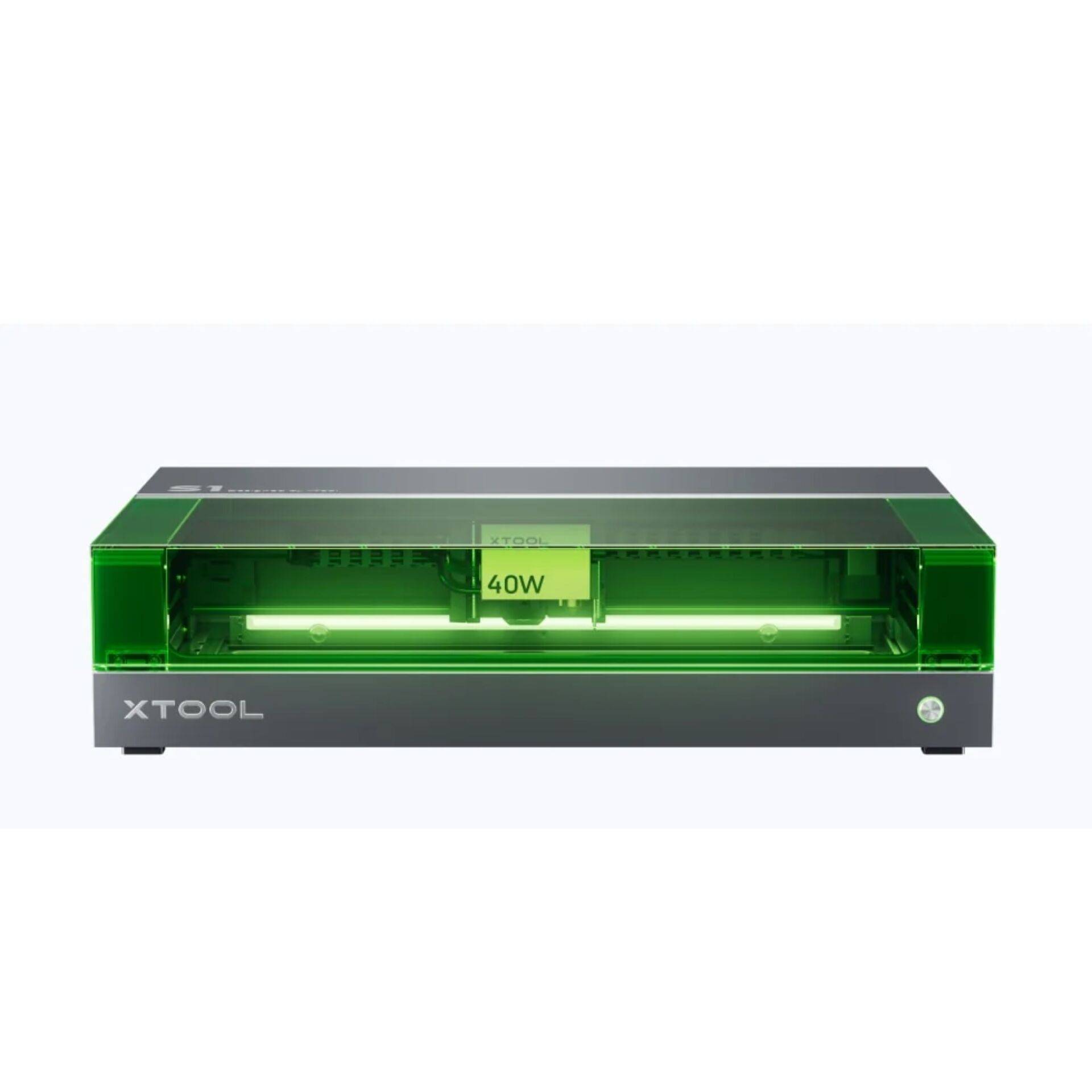 Grüner XTOOL 40W-Lasergravierer mit transparenter Frontabdeckung, geschlossen auf weißem Hintergrund dargestellt.
