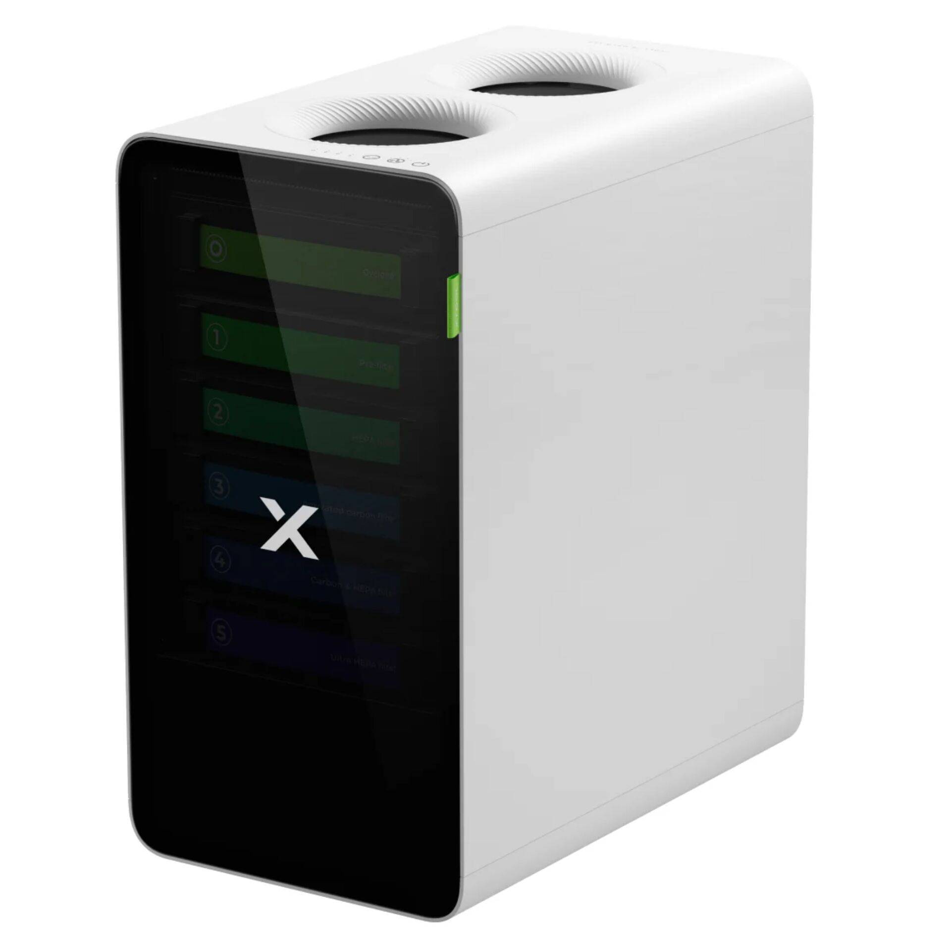 Weißes rechteckiges elektronisches Gerät mit schwarzem Front-Display-Panel und zwei kreisförmigen Öffnungen oben, dargestellt vor einem neutralen Hintergrund.