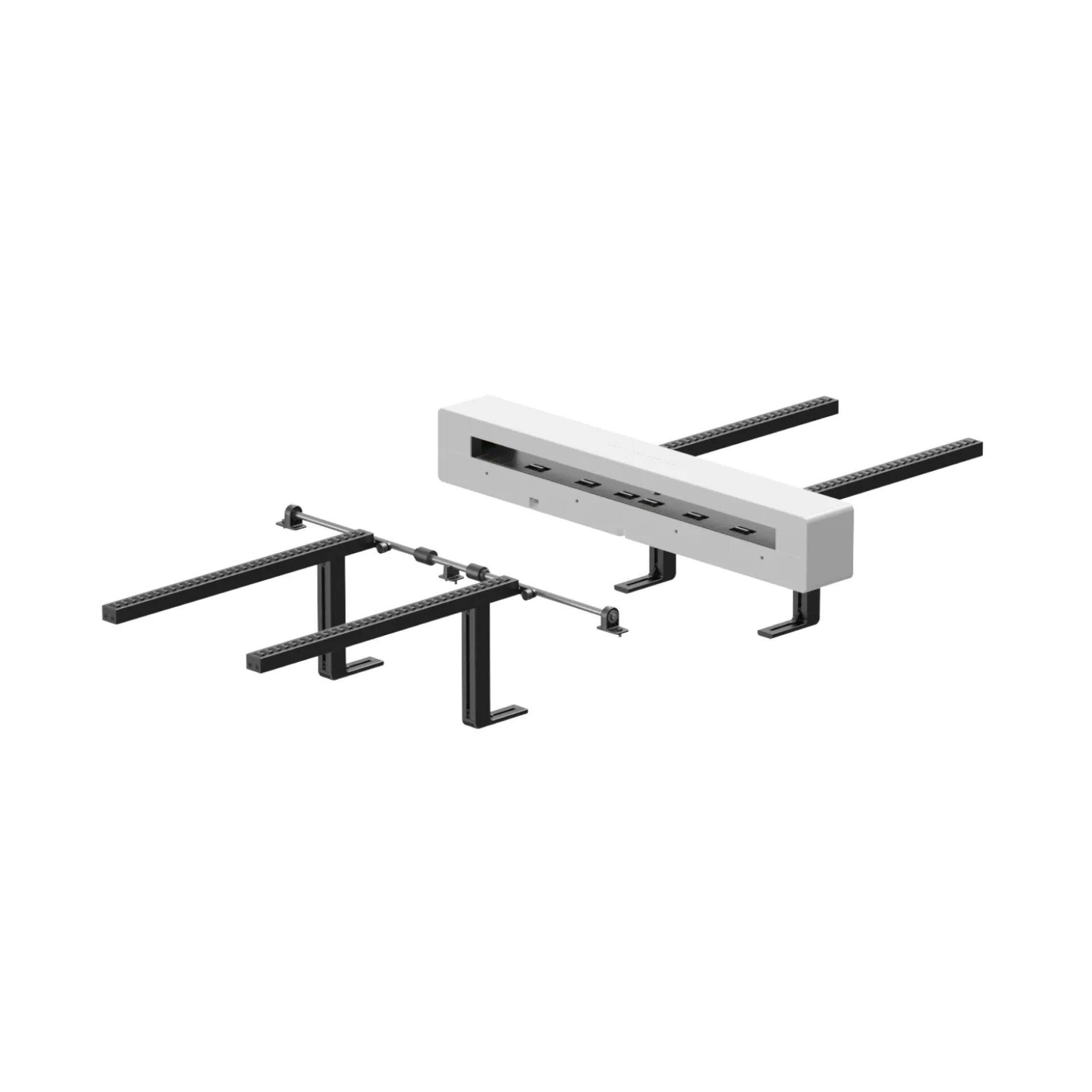 Produktdiagramm einer wandmontierten Metallhalter-/Schienenbaugruppe mit einem weißen rechteckigen Gehäuse und schwarzen Stützarmen, die sich davon erstrecken.