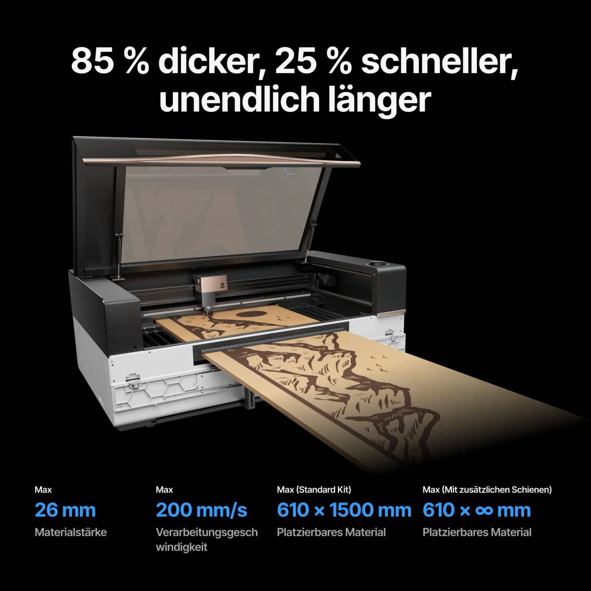 Laserschneider mit offenenem Deckel beim Gravieren einer langen Platte; Deutscher Text besagt 85% dicker, 25% schneller, unbegrenzte Länge, mit Spezifikationen: 26 mm Materialdicke, 200 mm/s Geschwindigkeit, 610 x 1500 mm Bett, unbegrenzt erweiterbar.