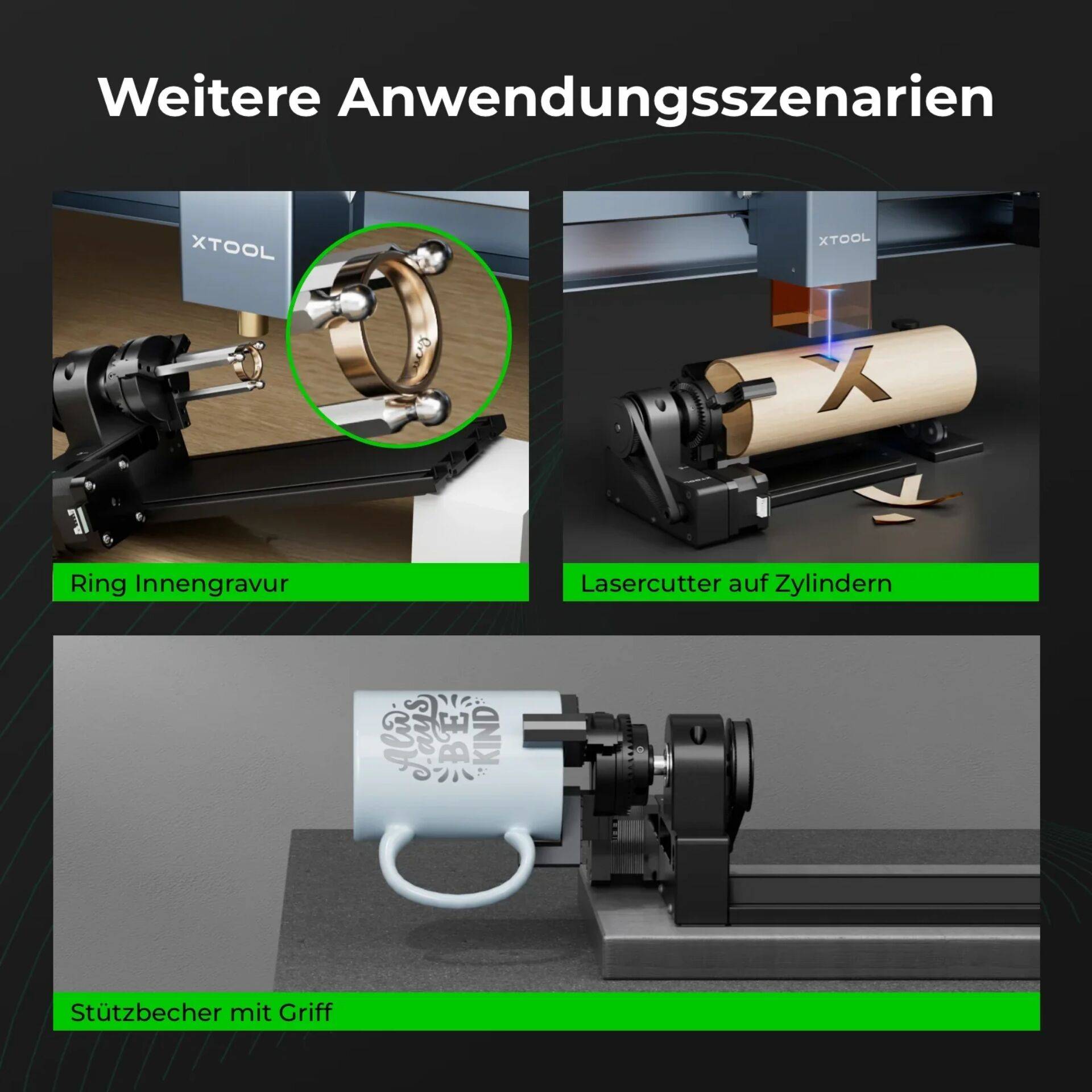 Deutsche Infografik zeigt weitere Anwendungsszenarien: Gravur auf der Innenseite, Laserschneiden auf Zylindern und Gravur auf einer Tasse mit Henkel.