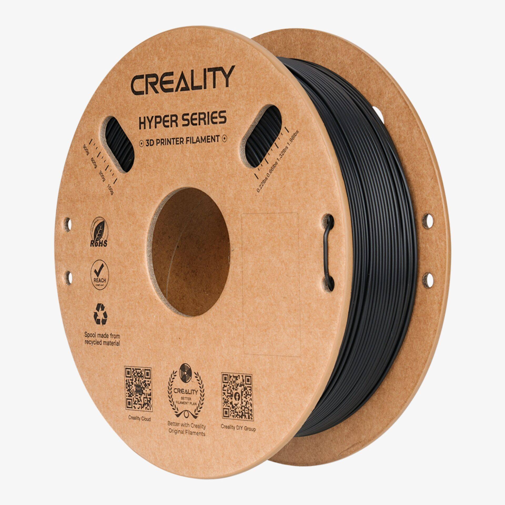 Eine Spule schwarzes Creality Hyper Series 3D-Drucker-Filament auf einer Kartonspule, gezeigt in Produktverpackung mit sichtbarem Etikettentext.