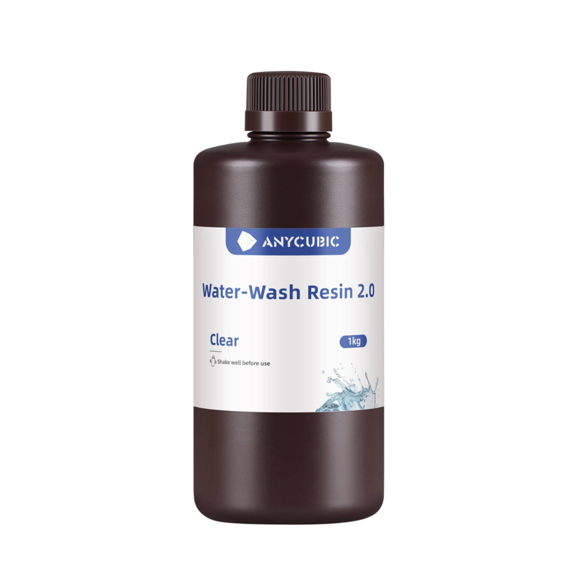 Flasche Anycubic Water-Wash Resin 2.0, transparent, 1 kg, auf einfachem weißem Hintergrund dargestellt.