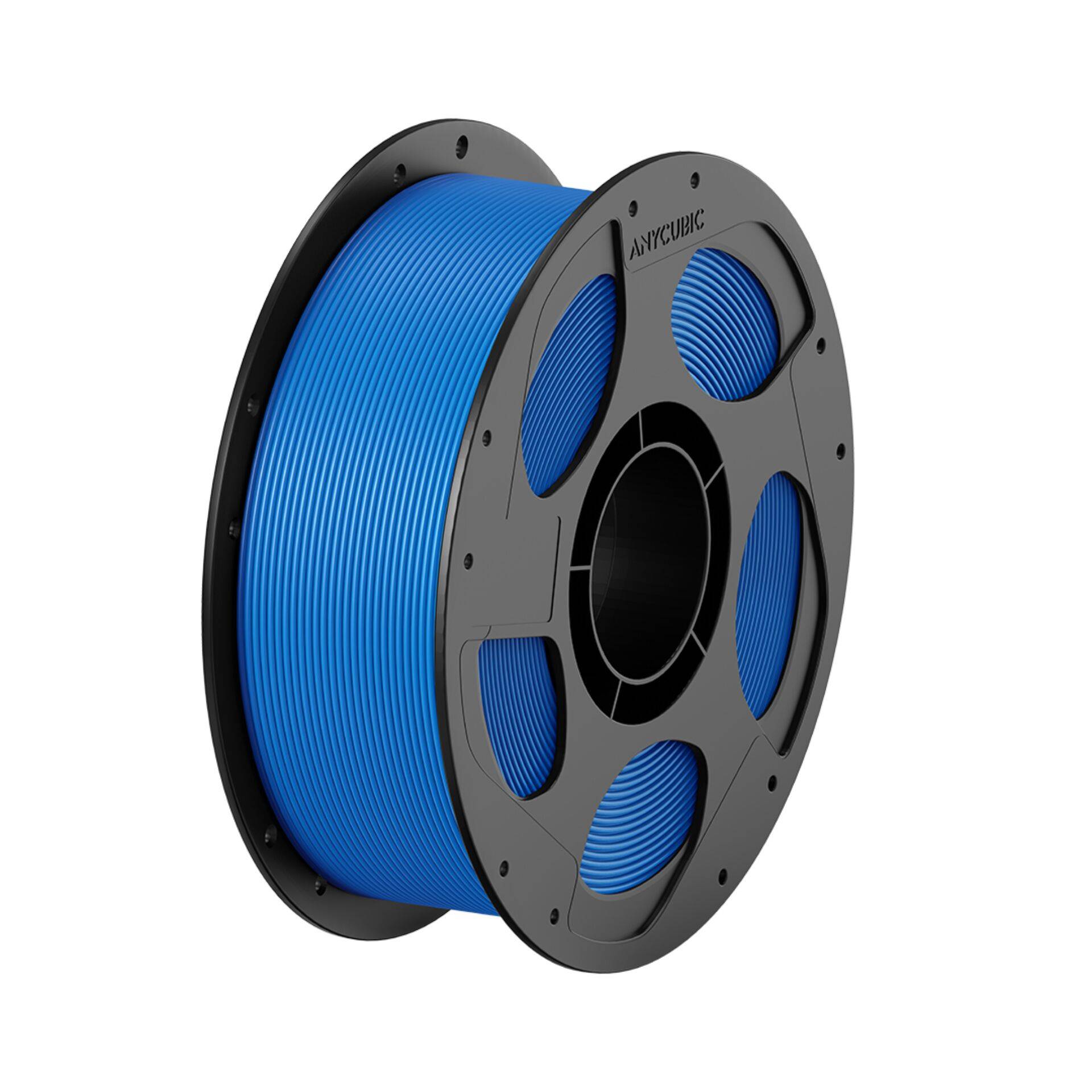 Spule mit blauem 3D-Drucker-Filament auf einer schwarzen Rolle, dargestellt vor weißem Hintergrund.