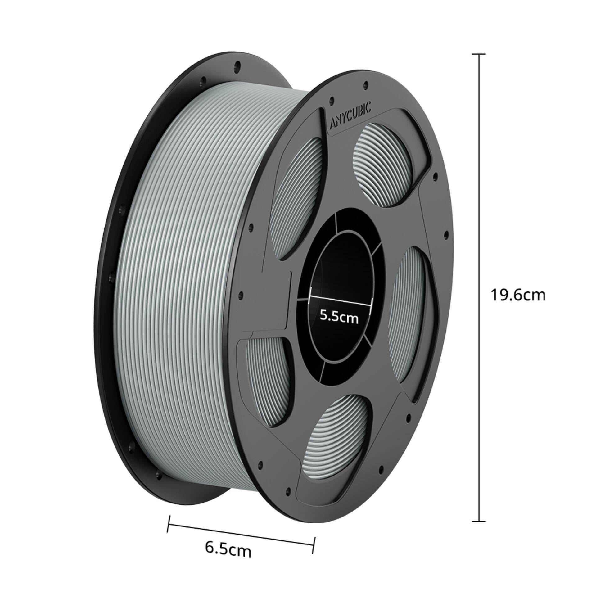 Spule mit Kabel oder Filament in der Produktansicht dargestellt, gekennzeichnet mit 19,6 cm Höhe, 6,5 cm Breite und 5,5 cm Mittenöffnung.