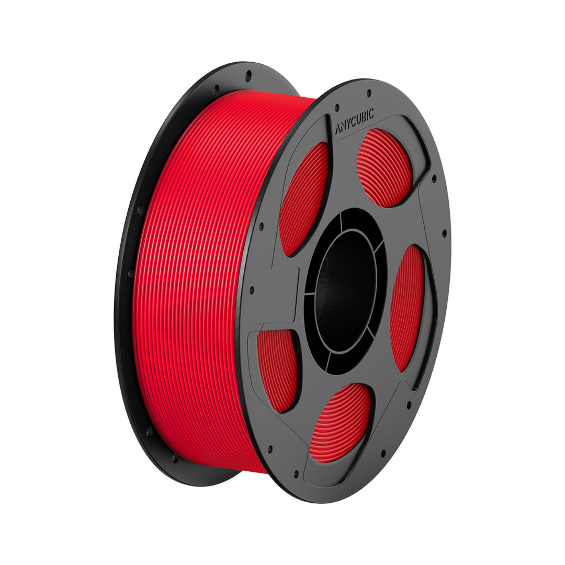 Spule mit leuchtend rotem 3D-Drucker-Filament auf einer schwarzen Spule, isoliert auf weißem Hintergrund dargestellt.