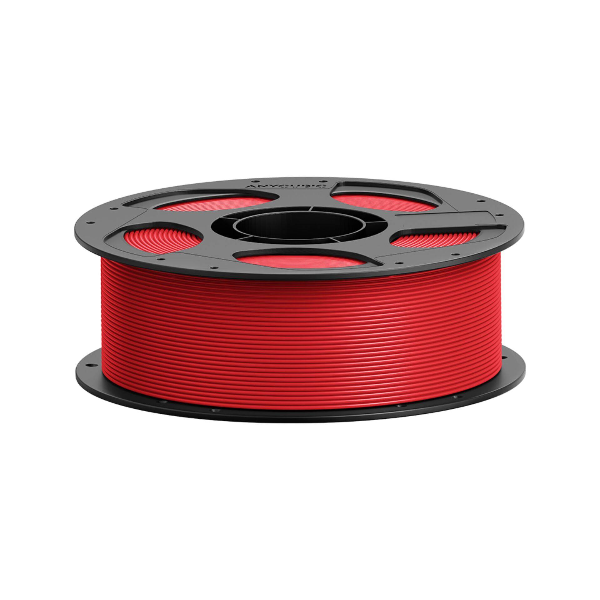 Spule roten Filaments, aufgewickelt auf einer schwarzen Spule, verwendet für 3D-Druck.