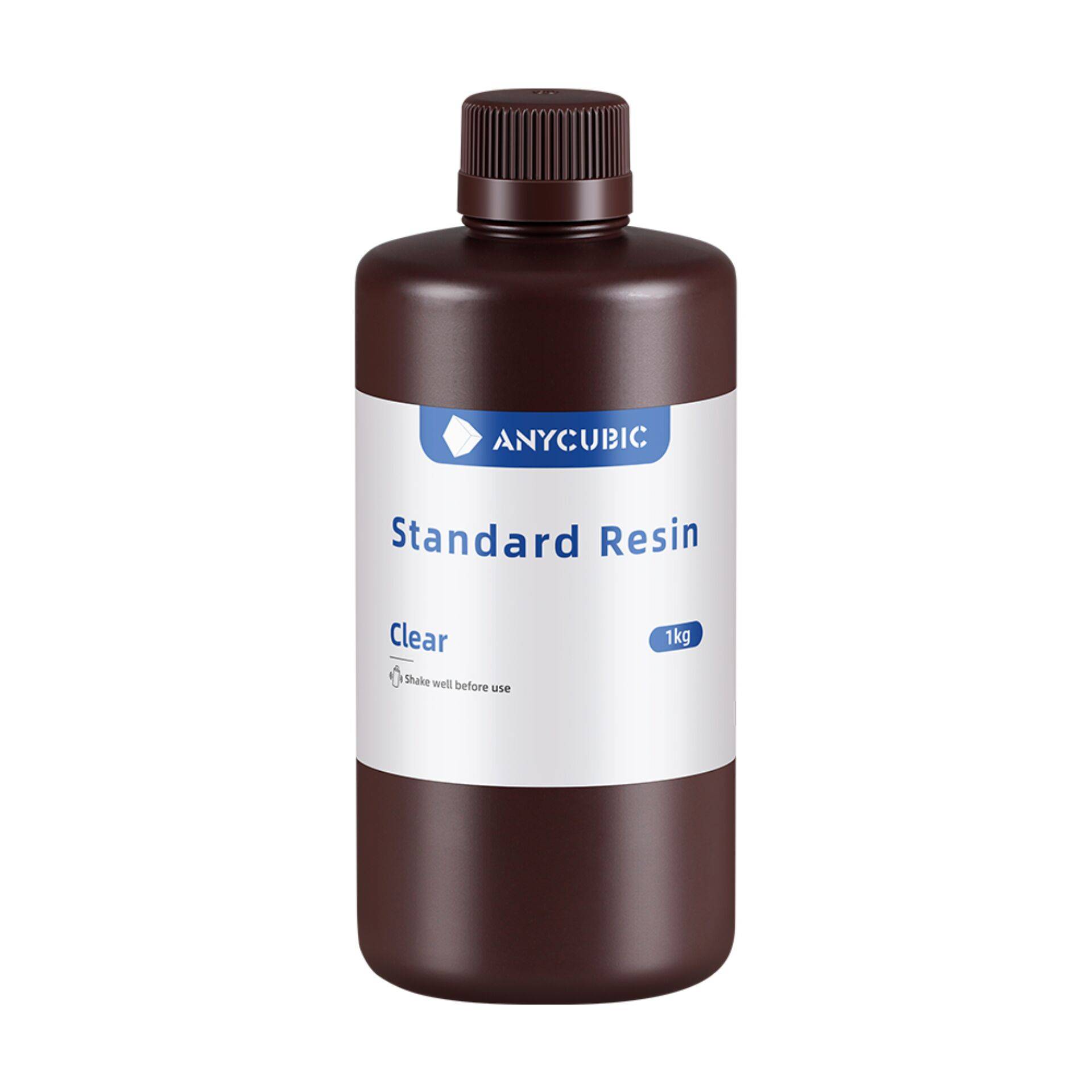 Flasche mit Anycubic Standard Resin, transparent 1 kg 3D-Drucker-Harz, vor weißem Hintergrund gezeigt.