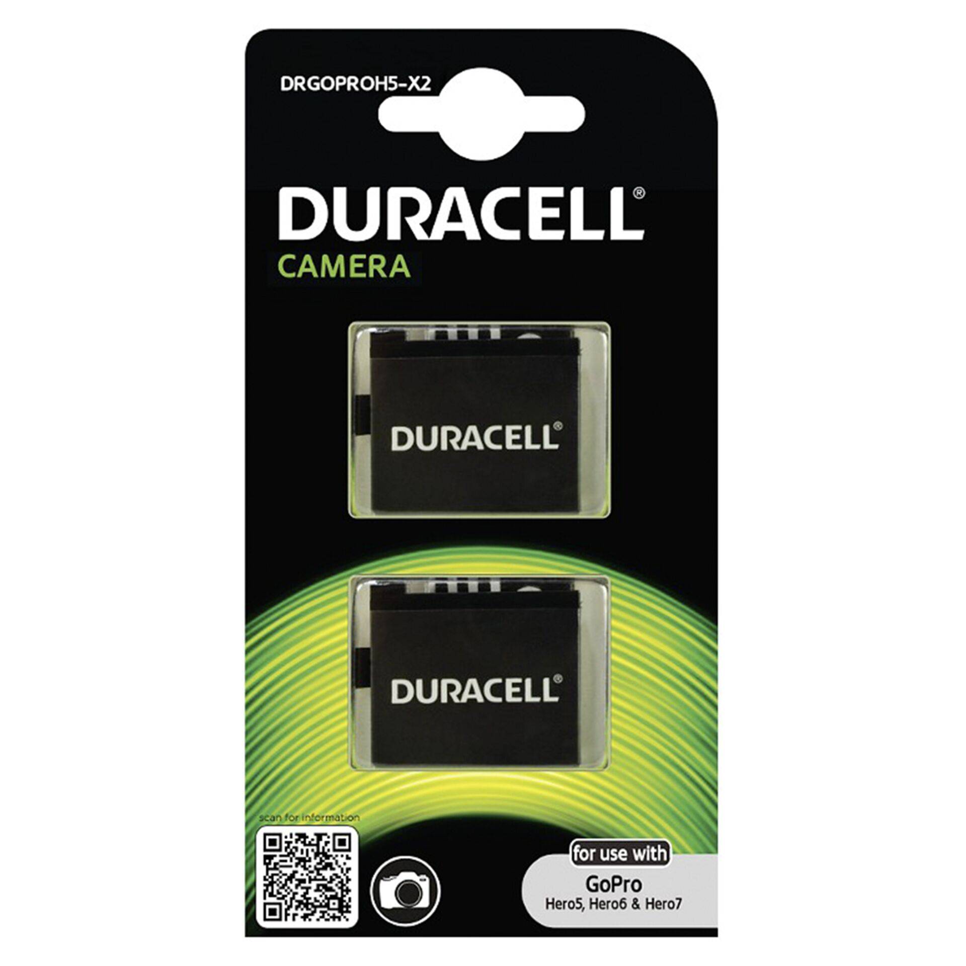 Duracell Kamerabatteriepack für GoPro mit zwei Batterien in Blisterverpackung mit der Aufschrift „zur Verwendung mit GoPro Hero5, Hero6 & Hero7