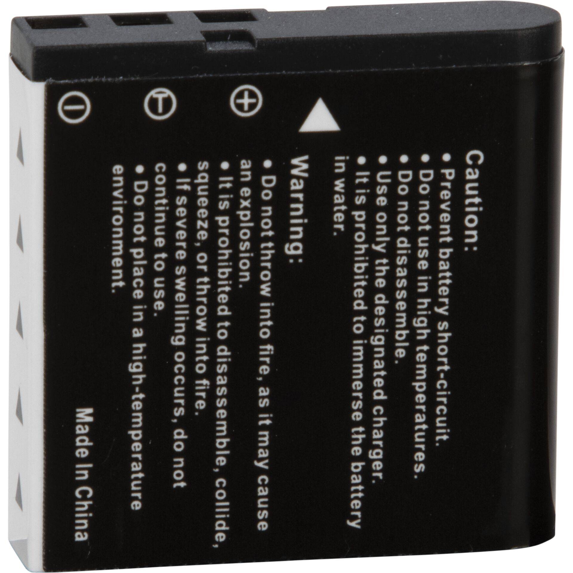 Schwarzes wiederaufladbares Batteriepack mit gedruckten Vorsichts- und Warnhinweisen auf dem Etikett.