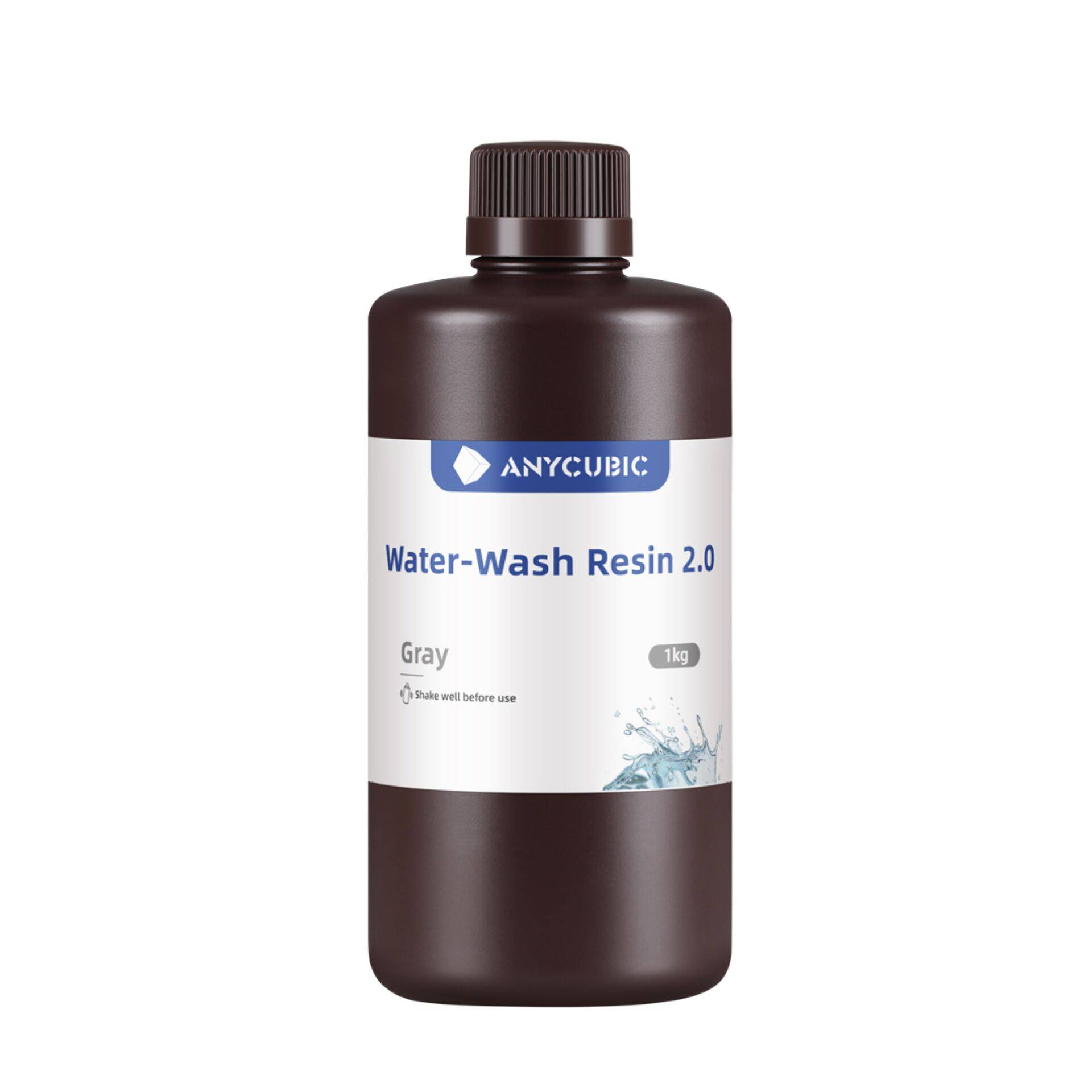 Flasche mit Anycubic Water-Wash Resin 2.0, Grau, 1kg, vor weißem Hintergrund abgebildet.