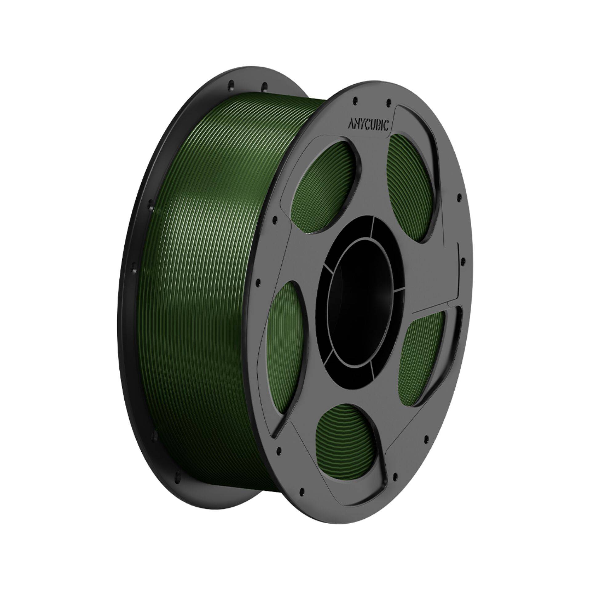 Spule mit grünem 3D-Druckfilament auf einer schwarzen Spule.