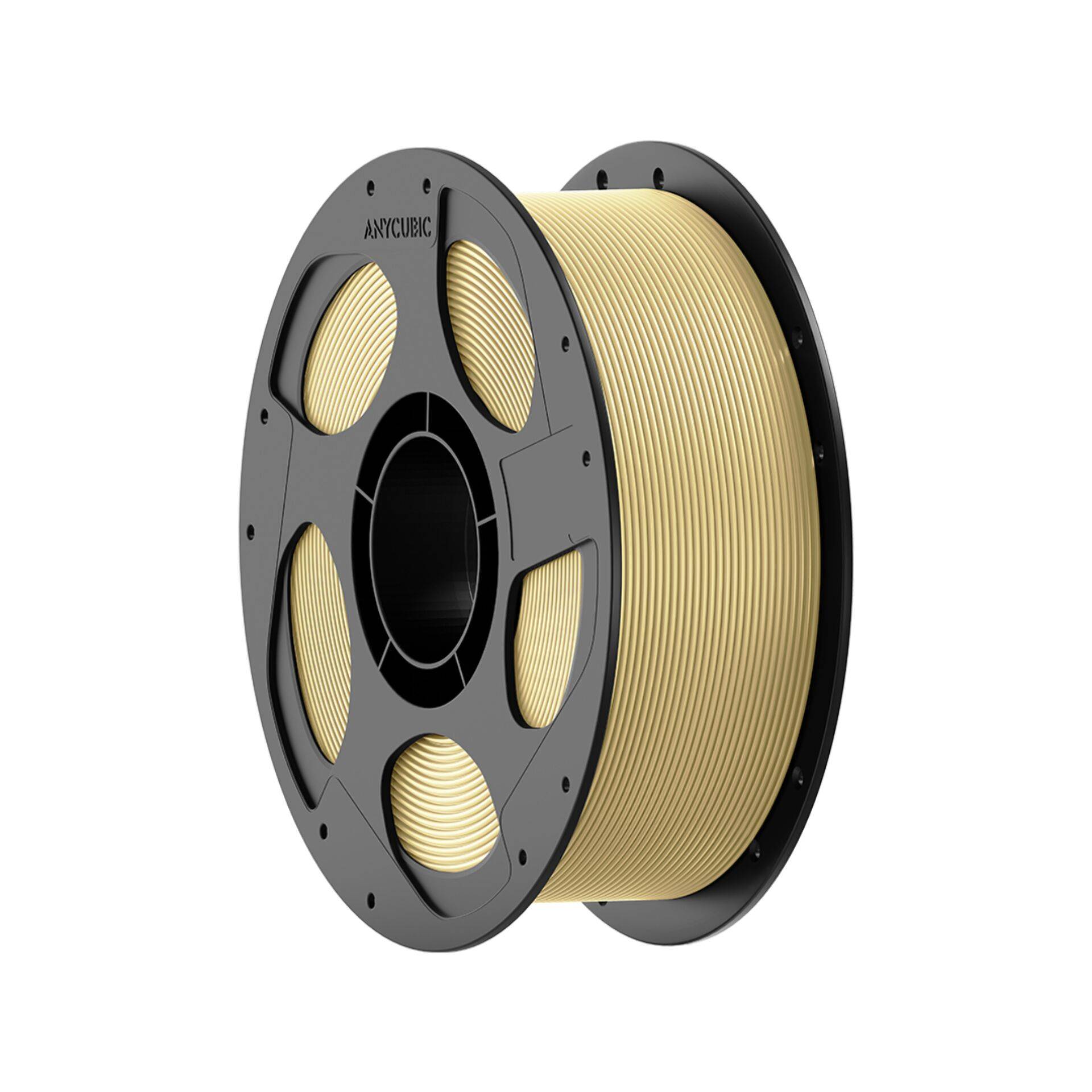 Spule aus beigefarbenem 3D-Druckfilament auf einer schwarzen Spule, isoliert auf weißem Hintergrund.