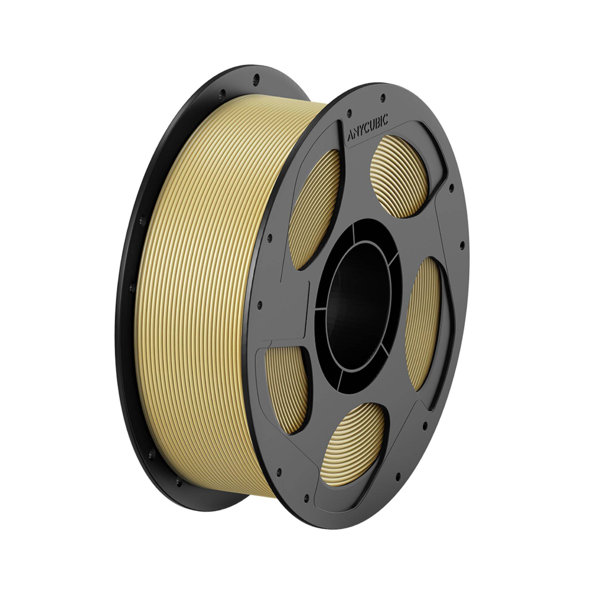 Eine Spule goldfarbenes 3D-Druckfilament auf einer schwarzen Kunststoffspule.