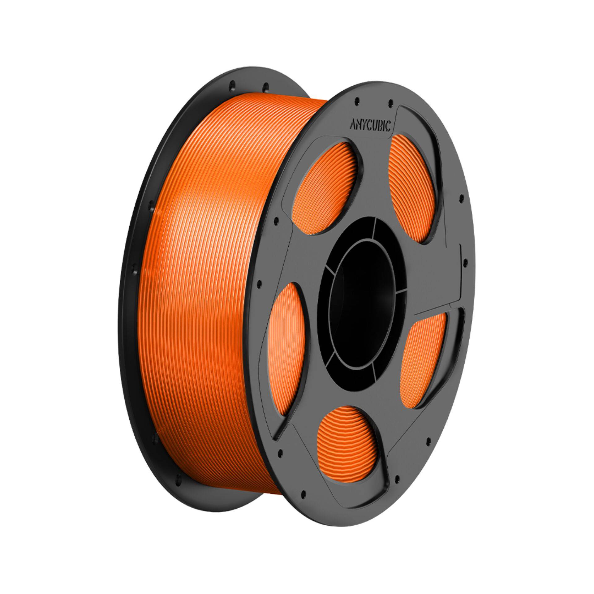 Orangefarbene 3D-Drucker-Filamentspule auf einer schwarzen Rolle, isoliert auf weißem Hintergrund dargestellt.