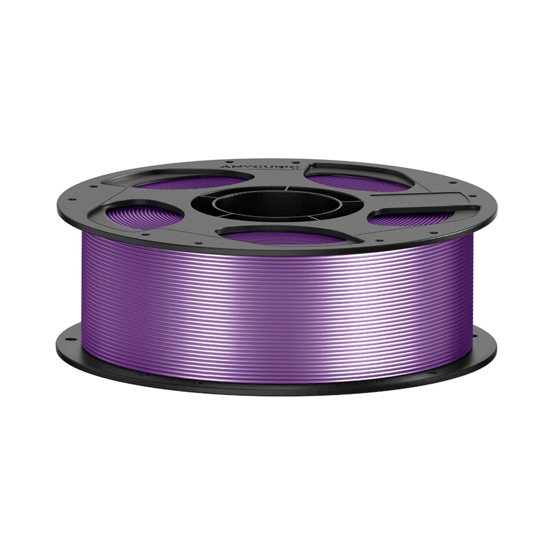 Spule mit violettem 3D-Druckfilament auf einer schwarzen Rolle, isoliert auf weißem Hintergrund dargestellt.