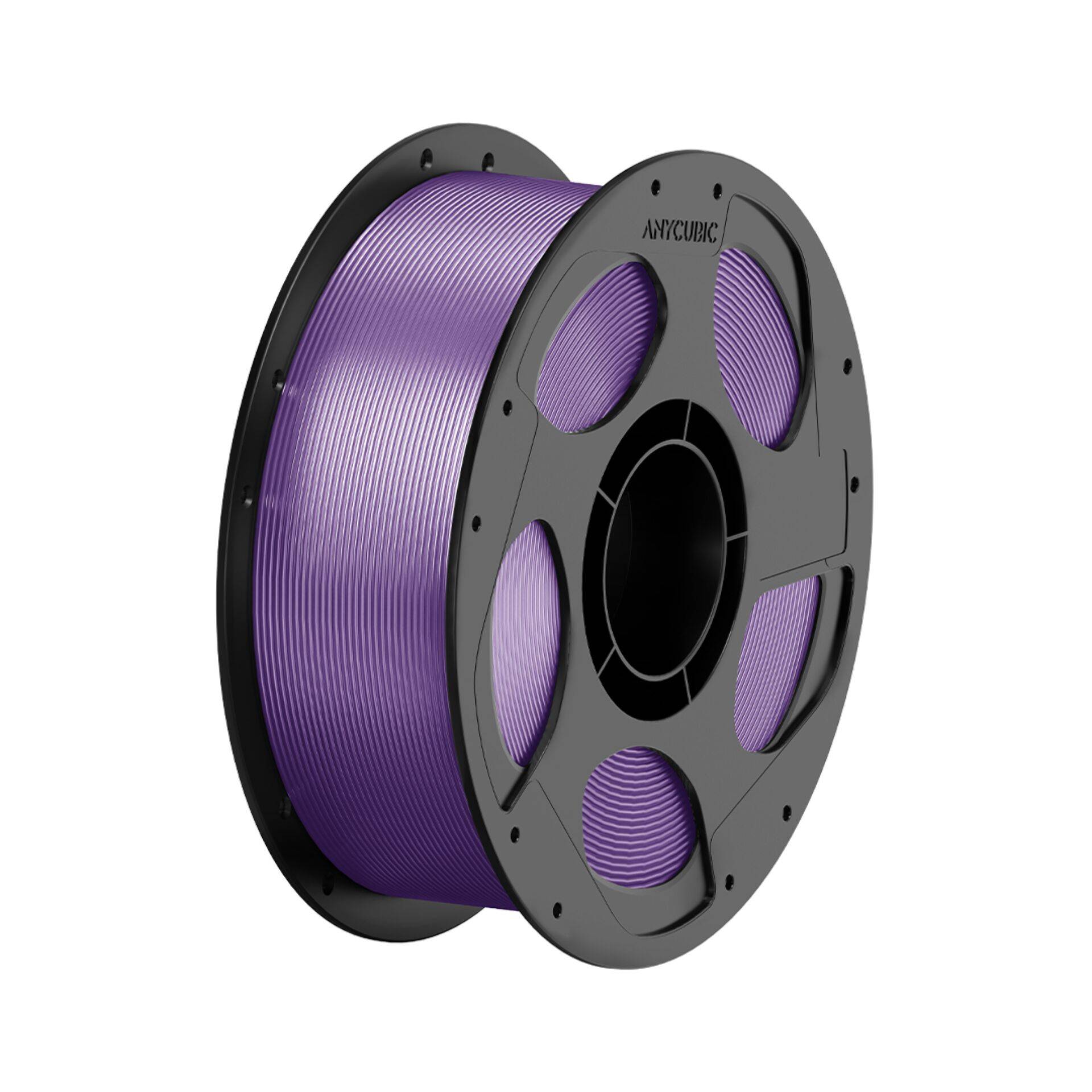 Spule mit violettem 3D-Drucker-Filament auf einer schwarzen Spule, gezeigt in Produktstil-Ansicht.