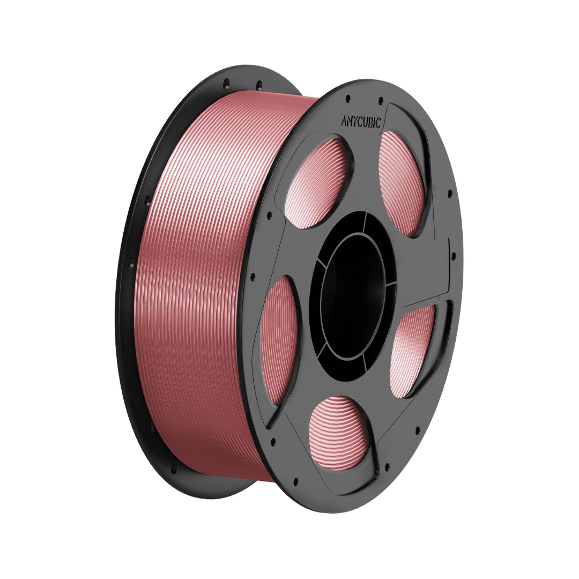 Spule rosa 3D-Druckfilament auf einer schwarzen Spule vor weißem Hintergrund.