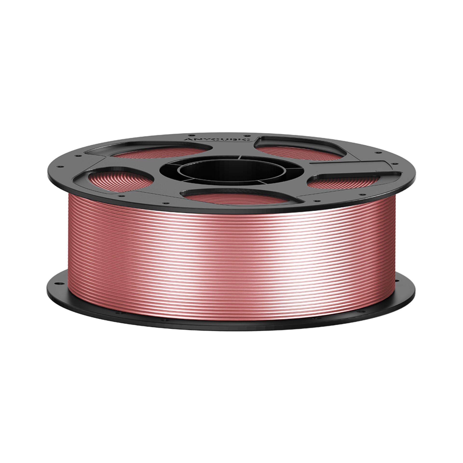 Spule mit rosa 3D-Drucker-Filament auf einer schwarzen Spule, gezeigt auf weißem Hintergrund.