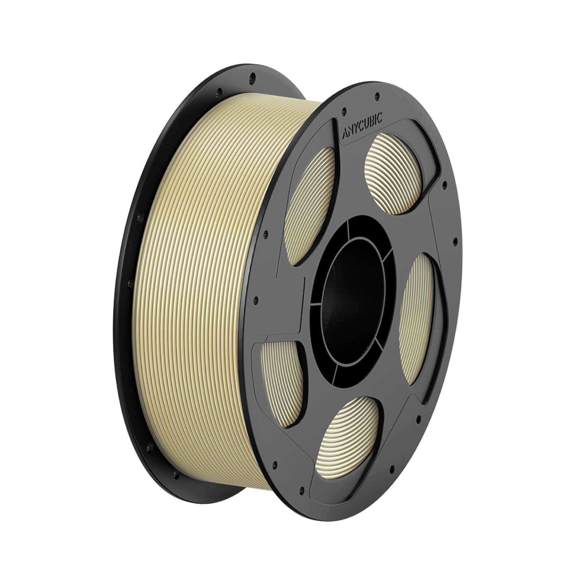 Eine Spule beiges 3D-Druckfilament auf einer schwarzen Spulenhalterung, isoliert auf weißem Hintergrund dargestellt.