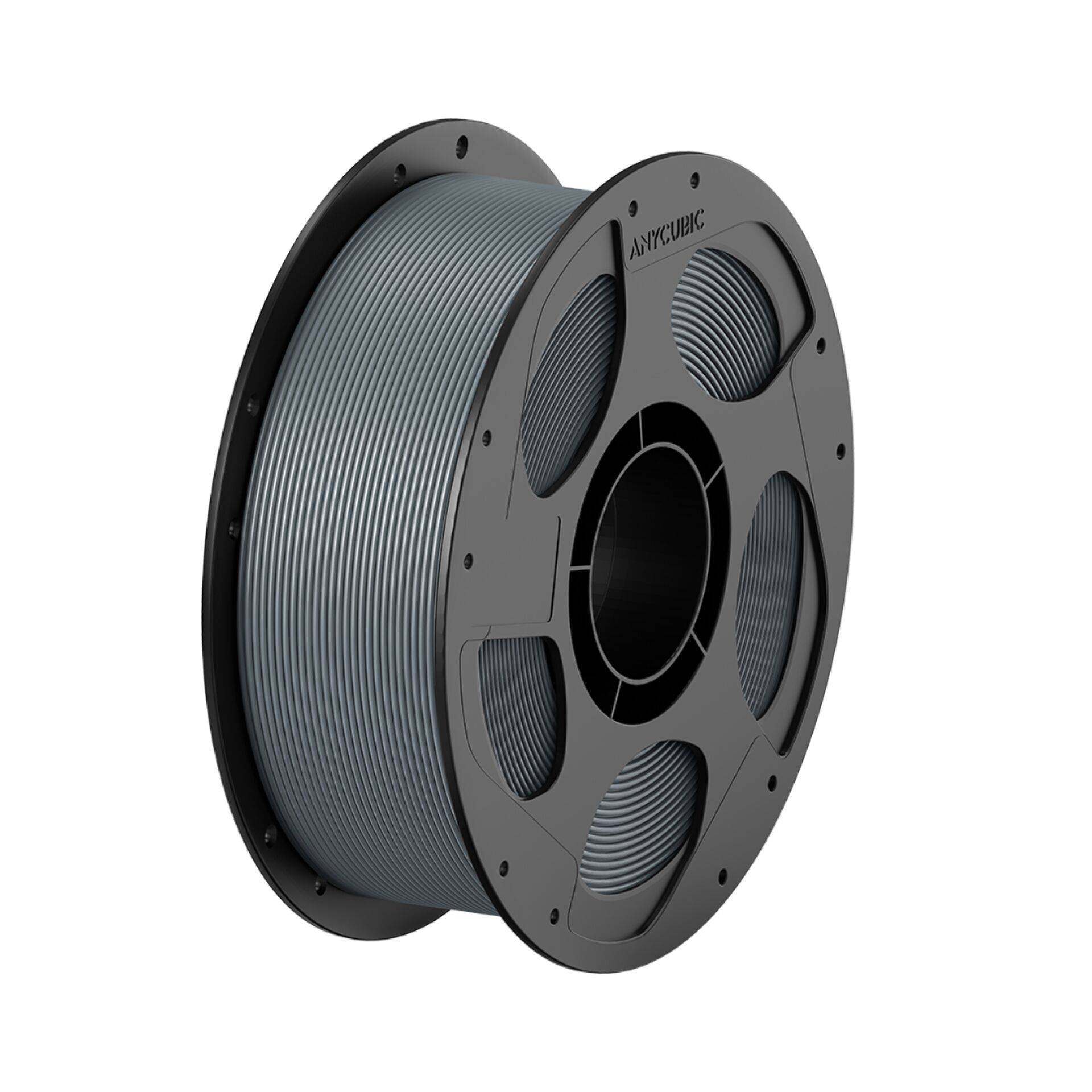 Eine Spule mit grauem 3D-Drucker-Filament auf einer schwarzen Spule, isoliert vor weißem Hintergrund dargestellt.