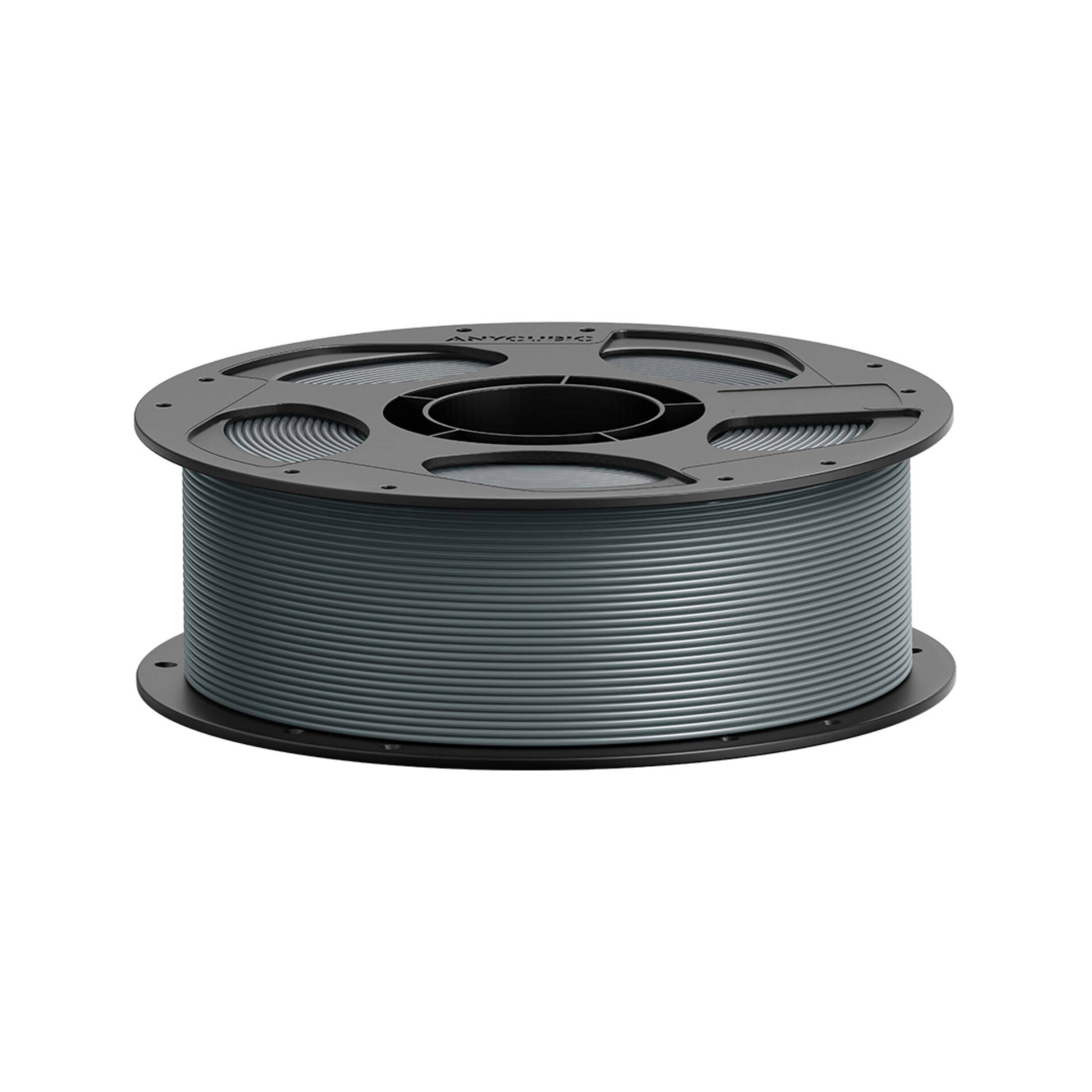 Spule mit grauem 3D-Druckfilament auf einer schwarzen Spule, isoliert auf weißem Hintergrund.