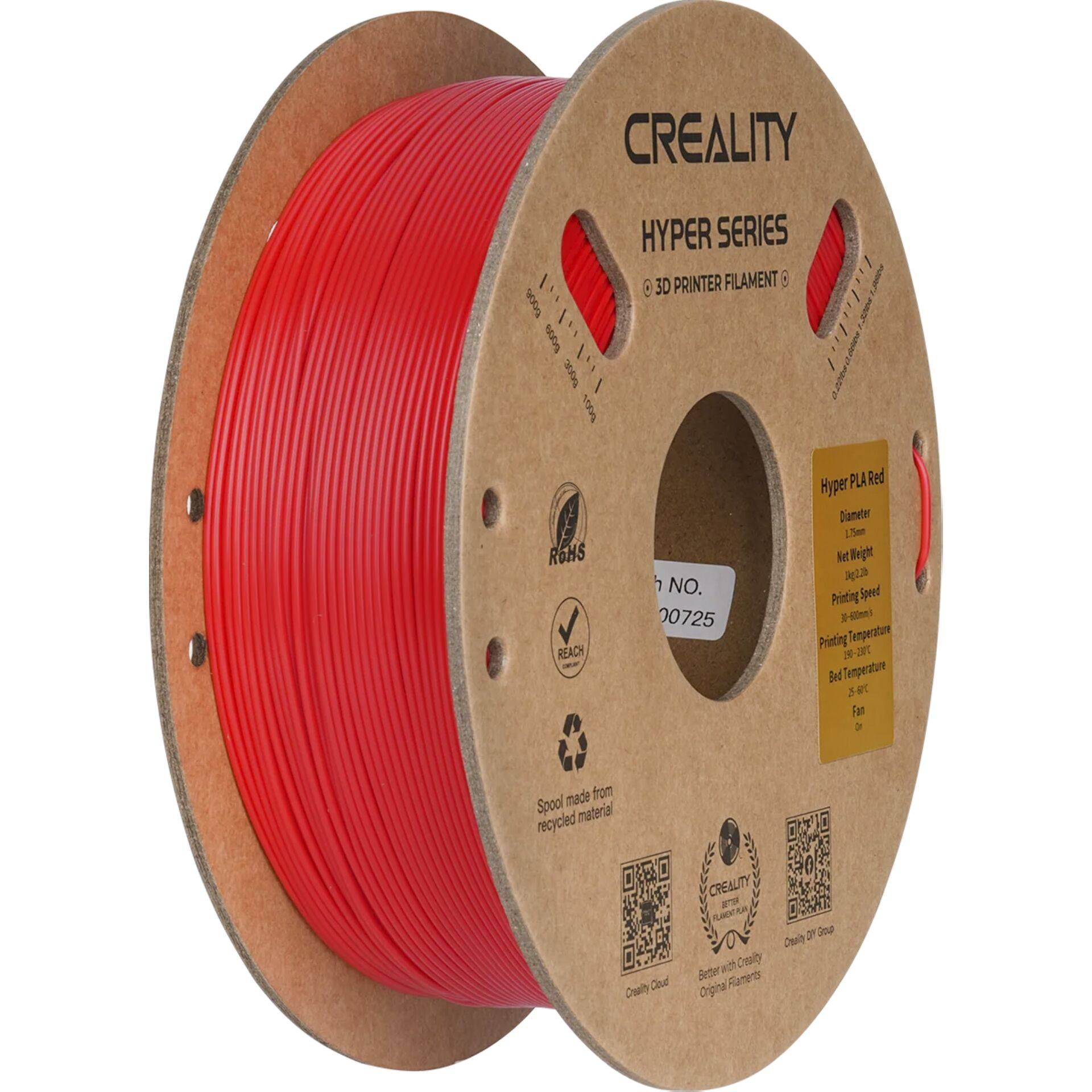 Spule mit leuchtendem rotem Creality Hyper Series 3D-Druckfilament auf einer Pappspule, mit Produktetiketten und QR-Codes.