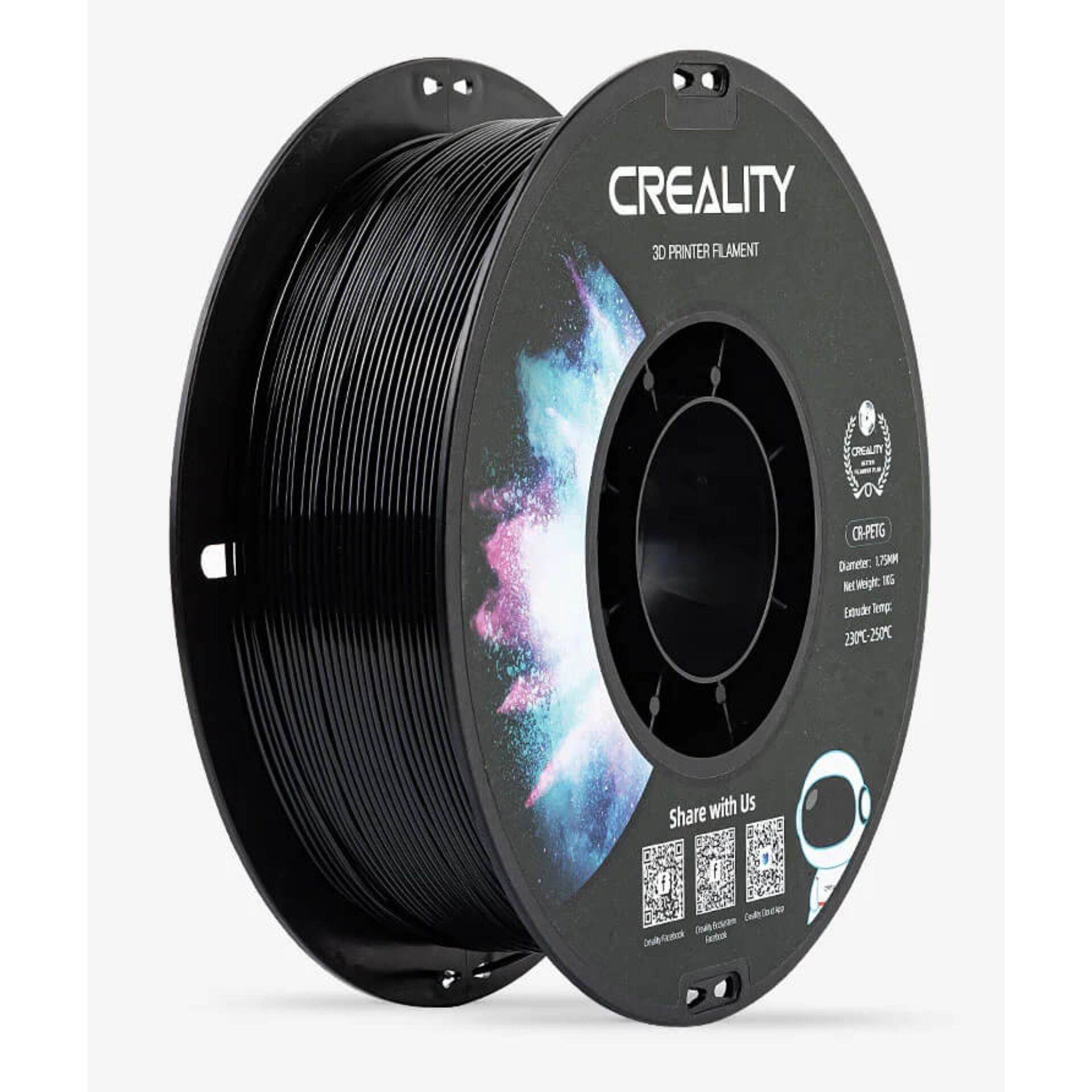 Eine Spule schwarzes Creality 3D-Drucker-Filament auf einer schwarzen Spule mit bunter Galaxie-Kunstwerk und Produktetikett.