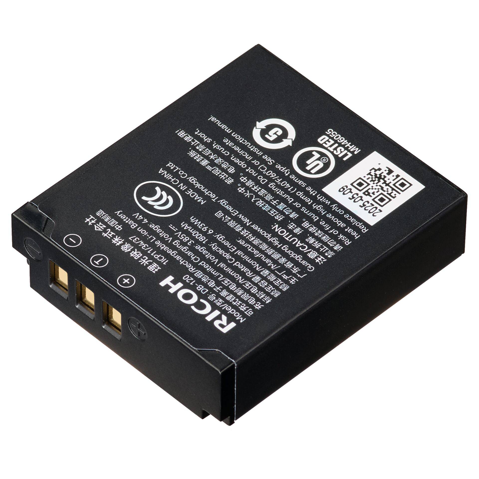 Schwarzes Ricoh Lithium-Ionen-Akkupack mit Kontaktklemmen und gedrucktem Etikett auf weißem Hintergrund.
