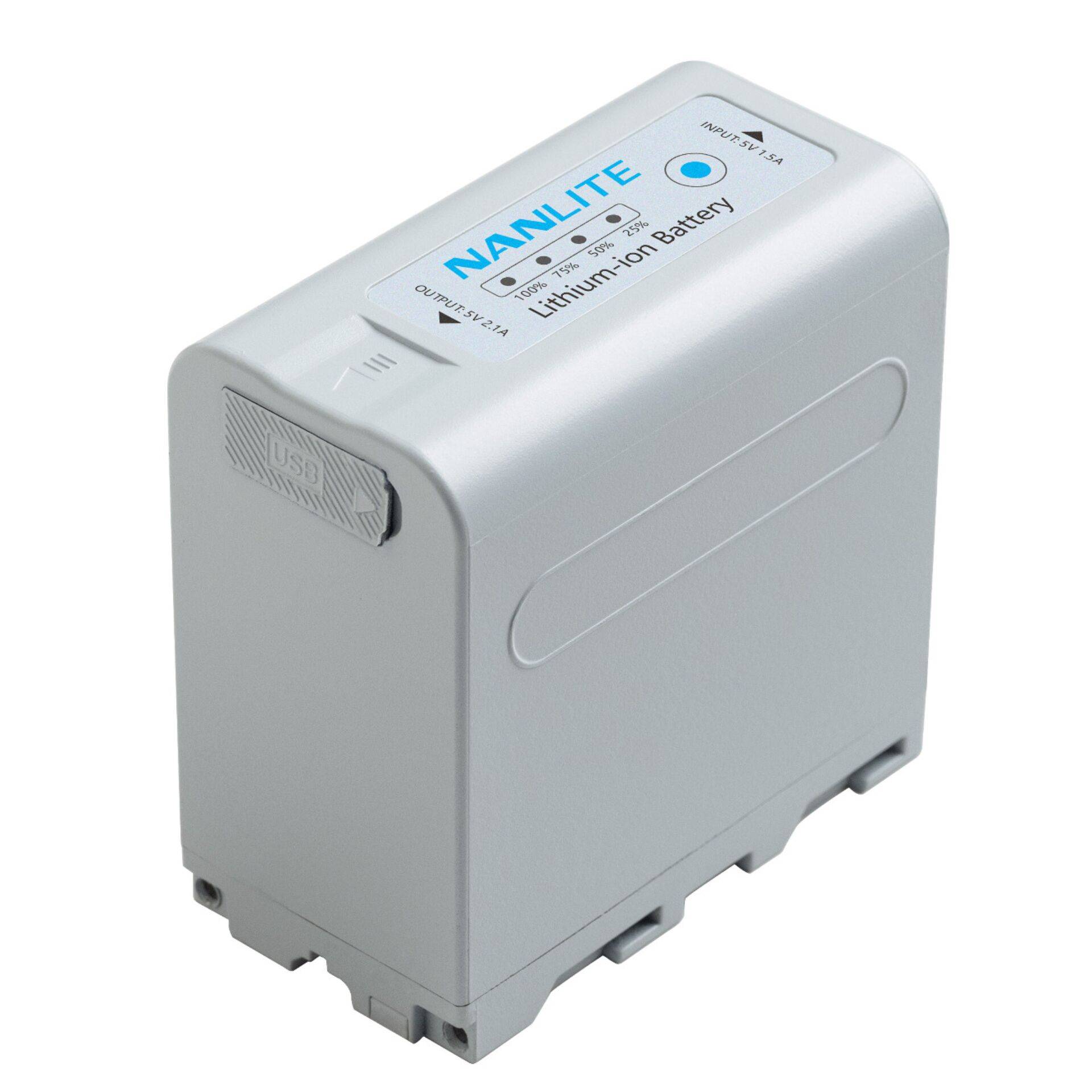 Silber NANLITE Lithium-Ionen-Akku mit USB-Anschluss, auf weißem Hintergrund abgebildet.