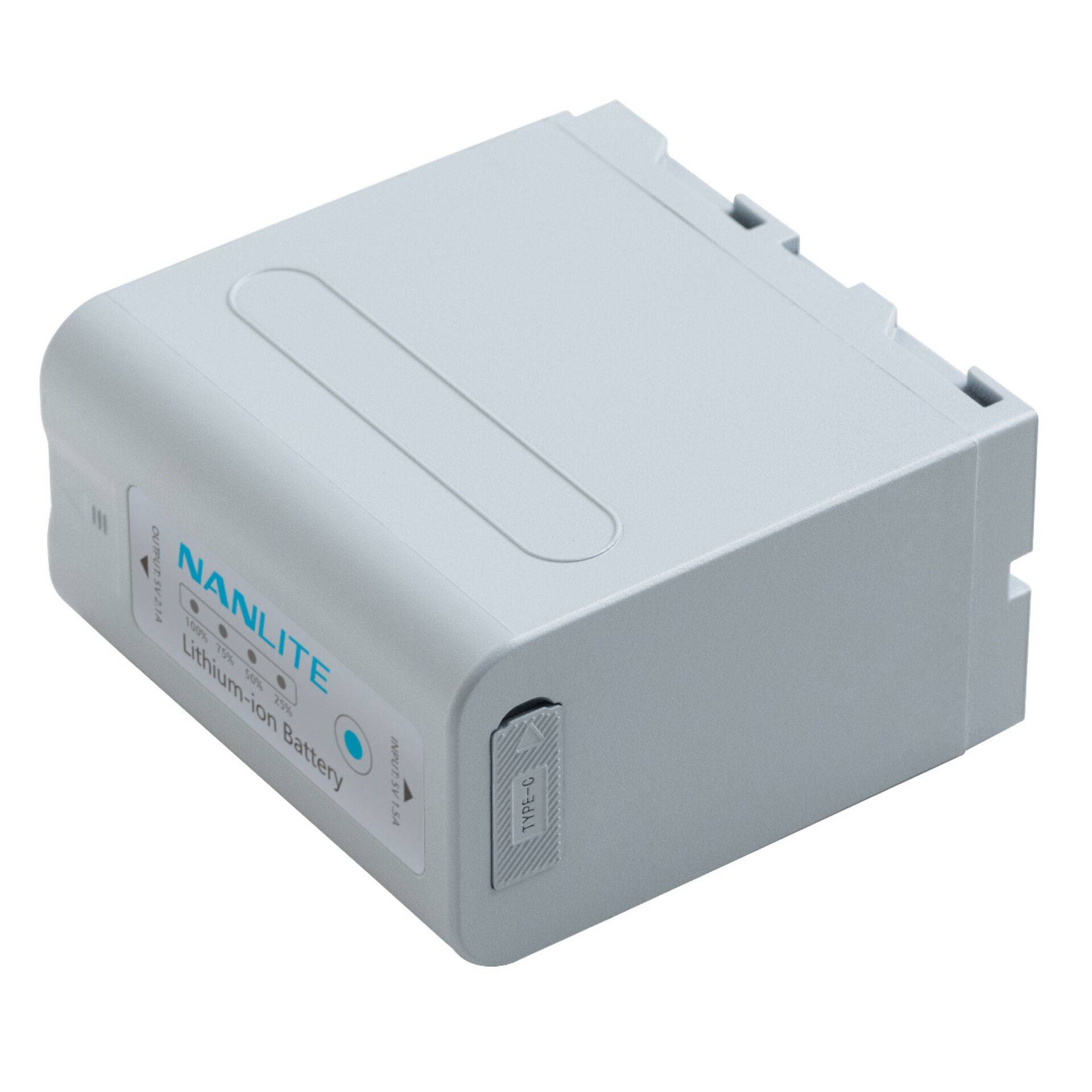 Grau rechteckiges Lithium-Ionen-Batteriepack mit der Bezeichnung „NANLITE